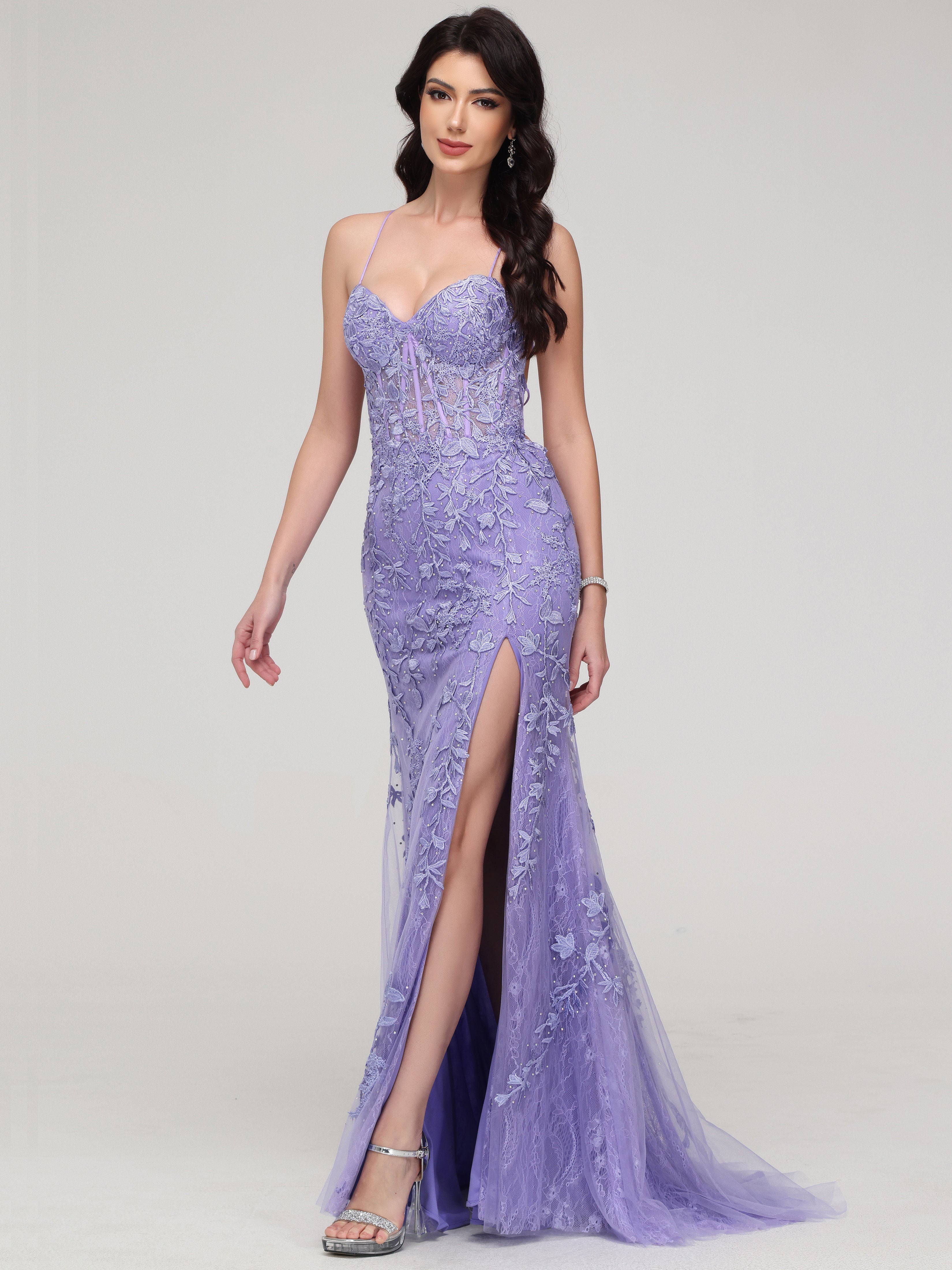 Forme sirène Bretelles Spaghetti Fendue Strass Tulle Dentelle Robe de Soirée avec traîne LILAS