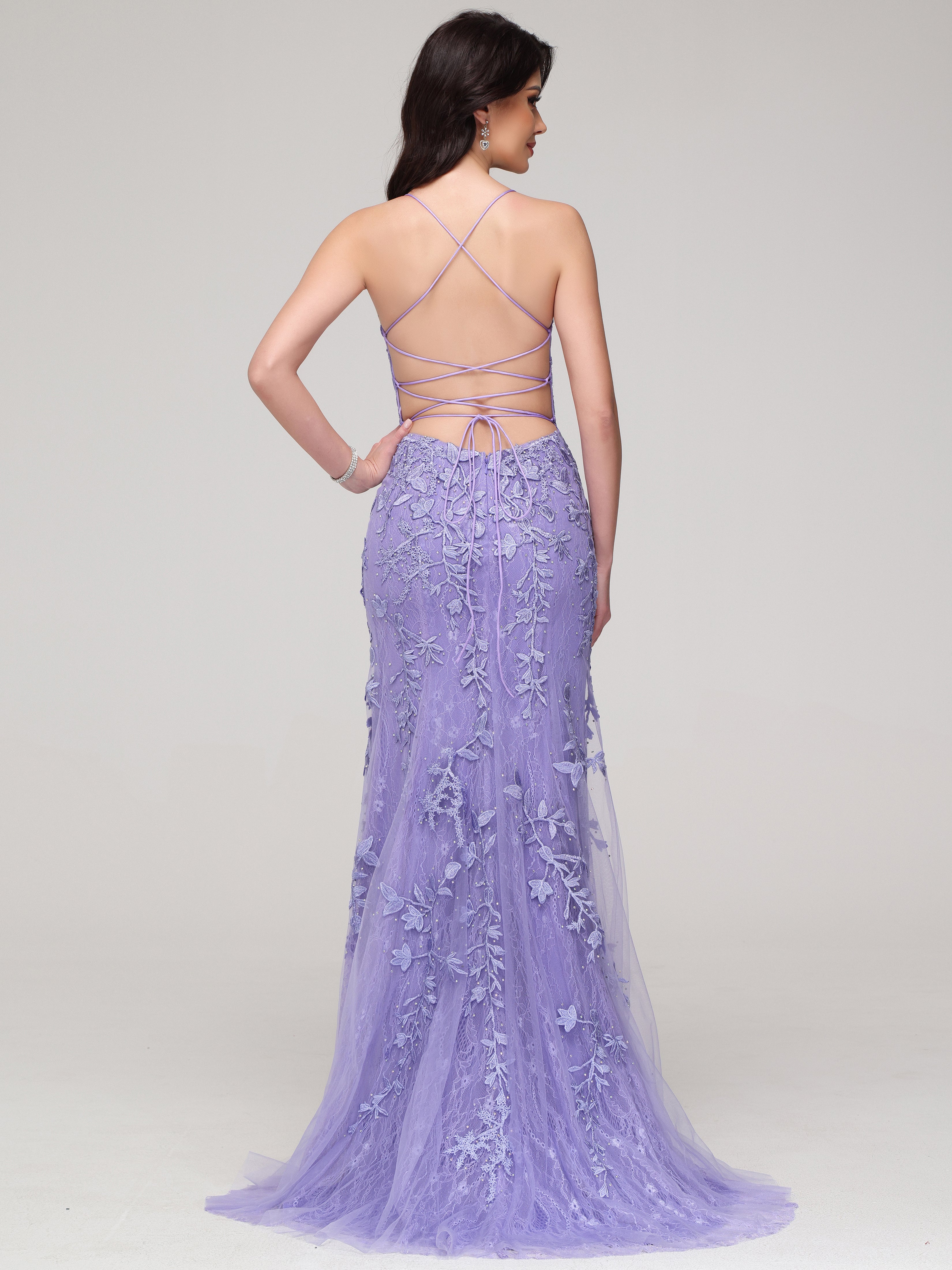 Forme sirène Bretelles Spaghetti Fendue Strass Tulle Dentelle Robe de Soirée avec traîne LILAS