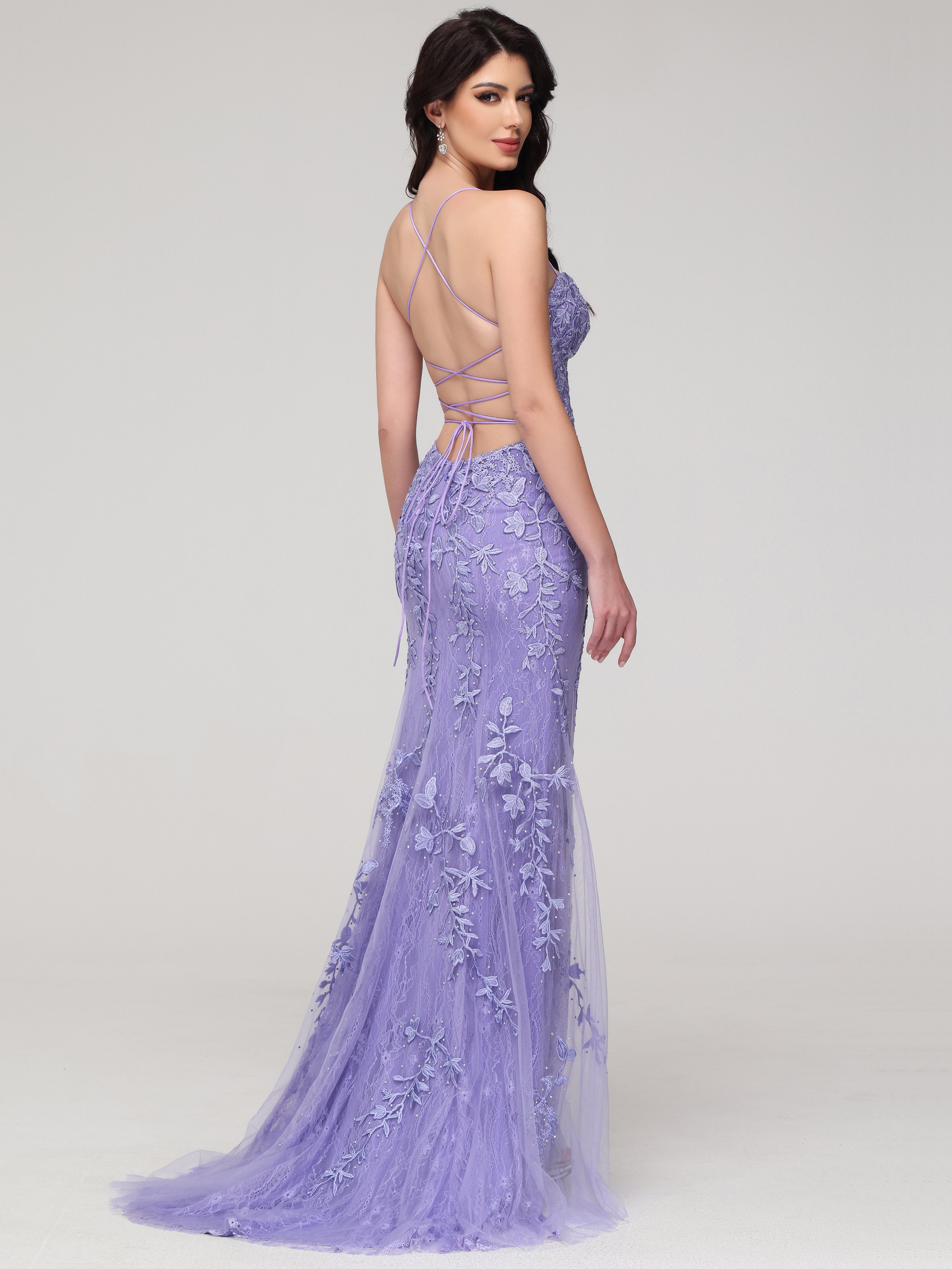 Forme sirène Bretelles Spaghetti Fendue Strass Tulle Dentelle Robe de Soirée avec traîne LILAS