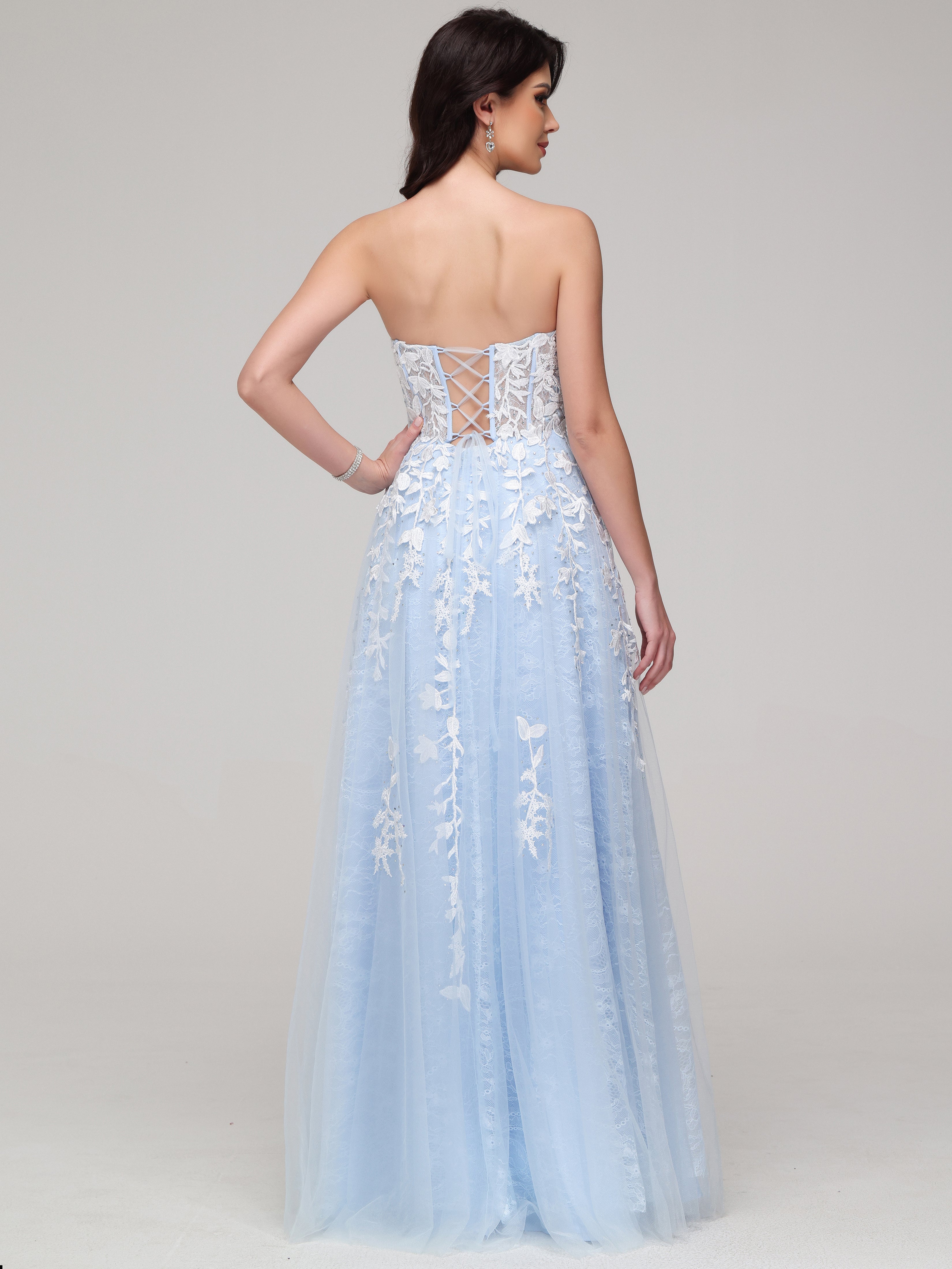 Cache cœur Trapèze Tulle Dentelle Strass Robe de Soirée BLEU CIEL
