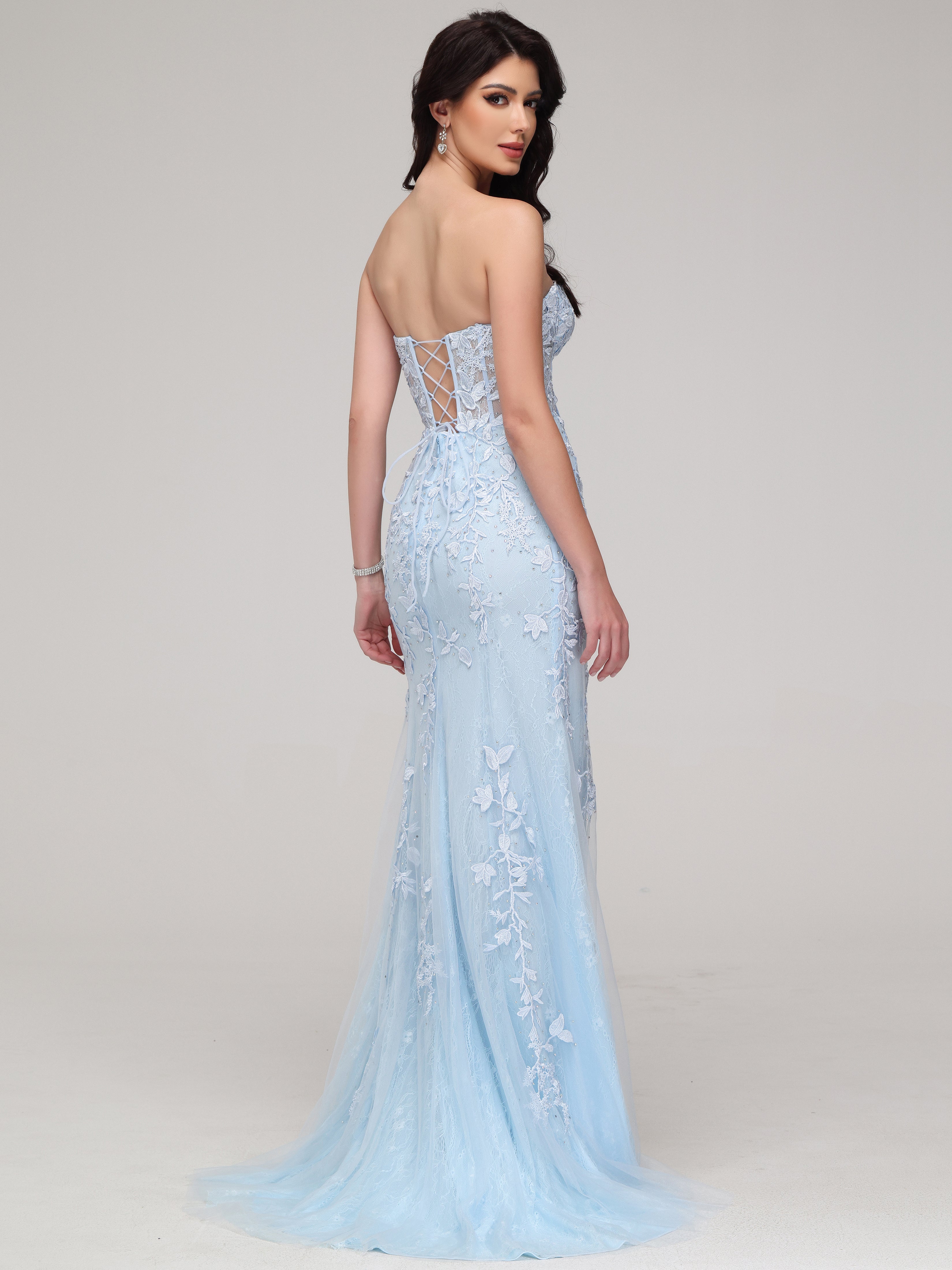 Forme sirène Cache cœur Fendue Strass Tulle Dentelle Robe de Soirée avec traîne BLEU CIEL