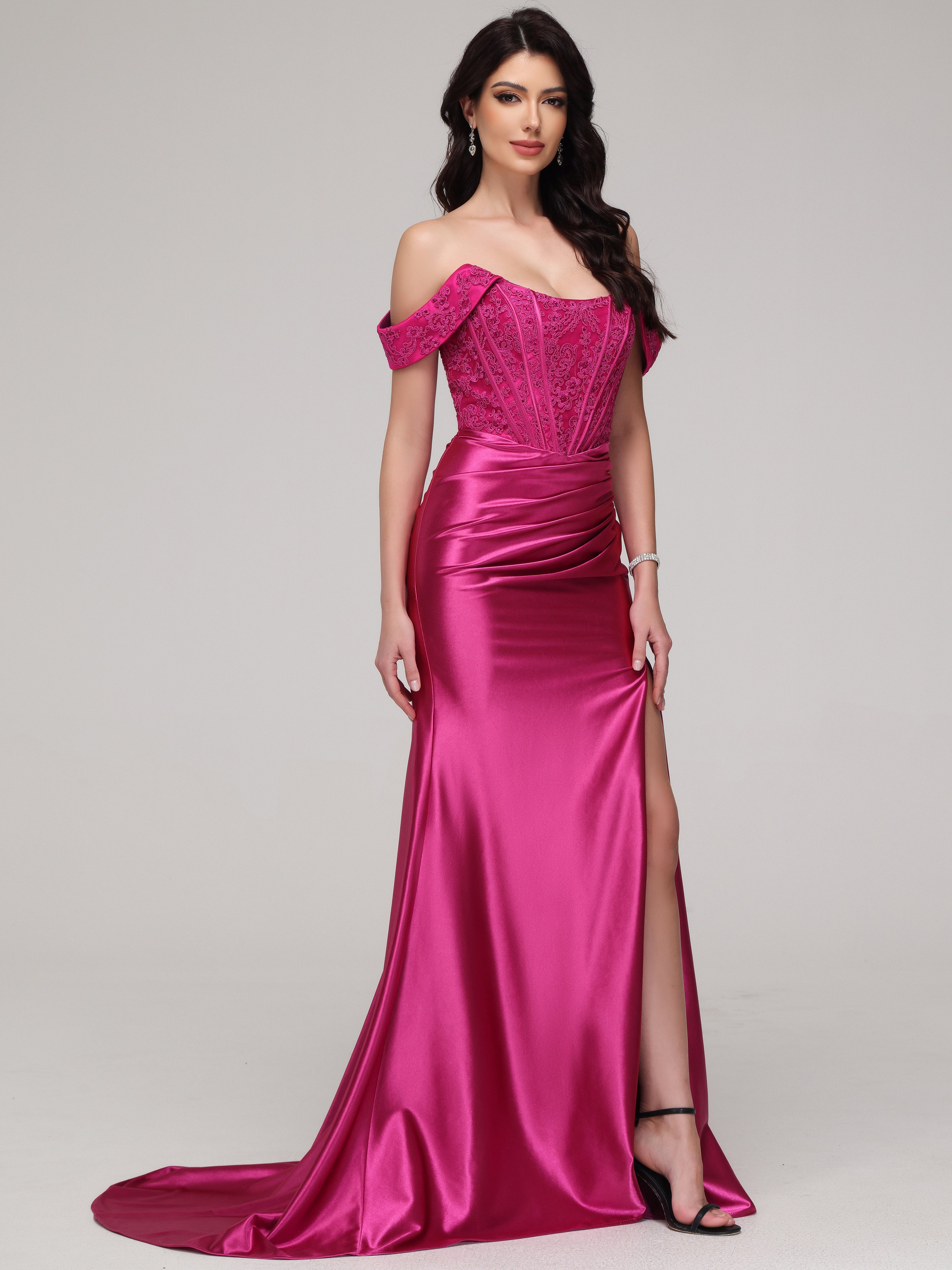 Forme Sirène Épaule dénudée Fendue Strass Tissu Stretch Robe de Soirée avec traîne