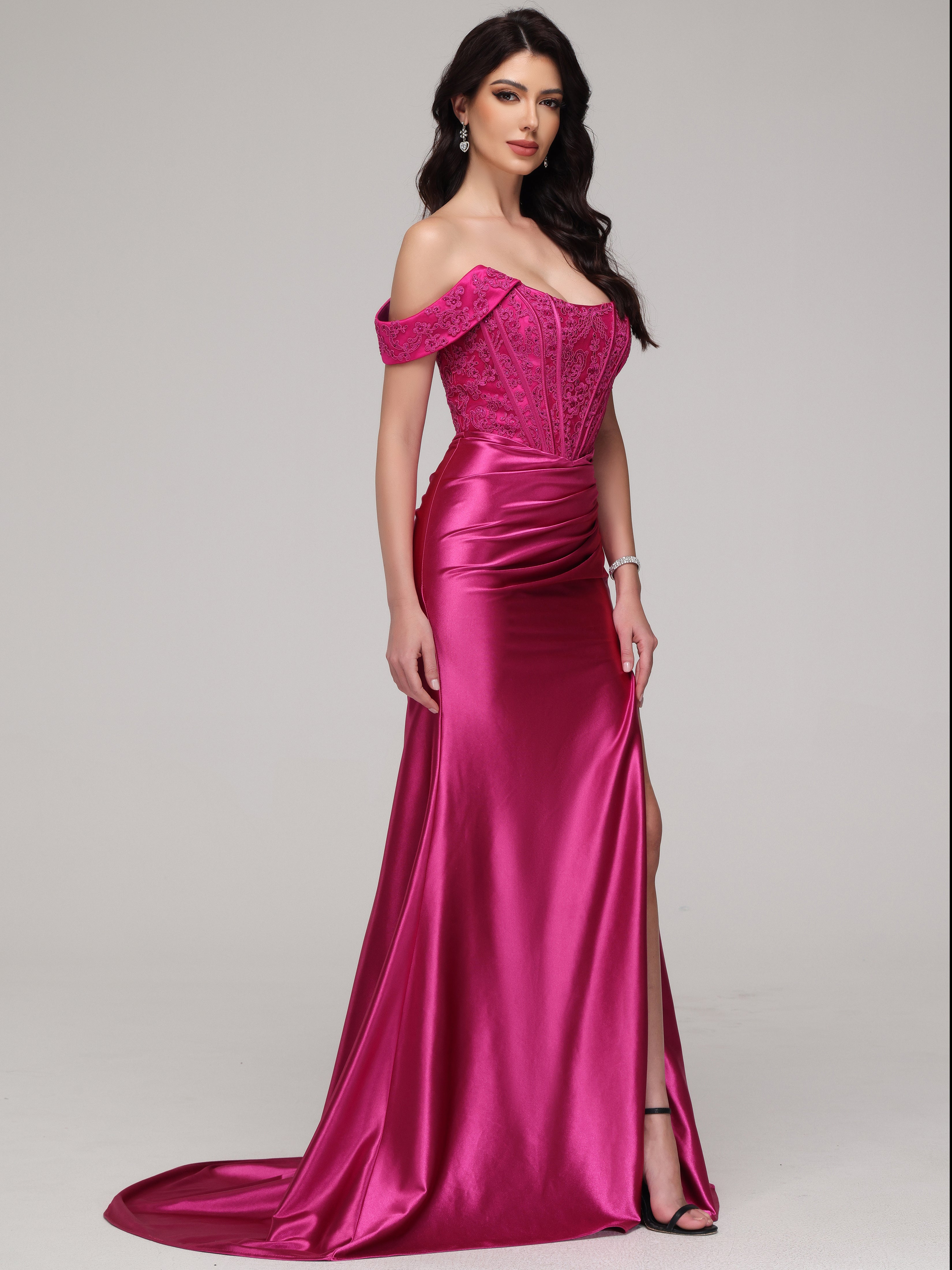 Forme Sirène Épaule dénudée Fendue Strass Tissu Stretch Robe de Soirée avec traîne