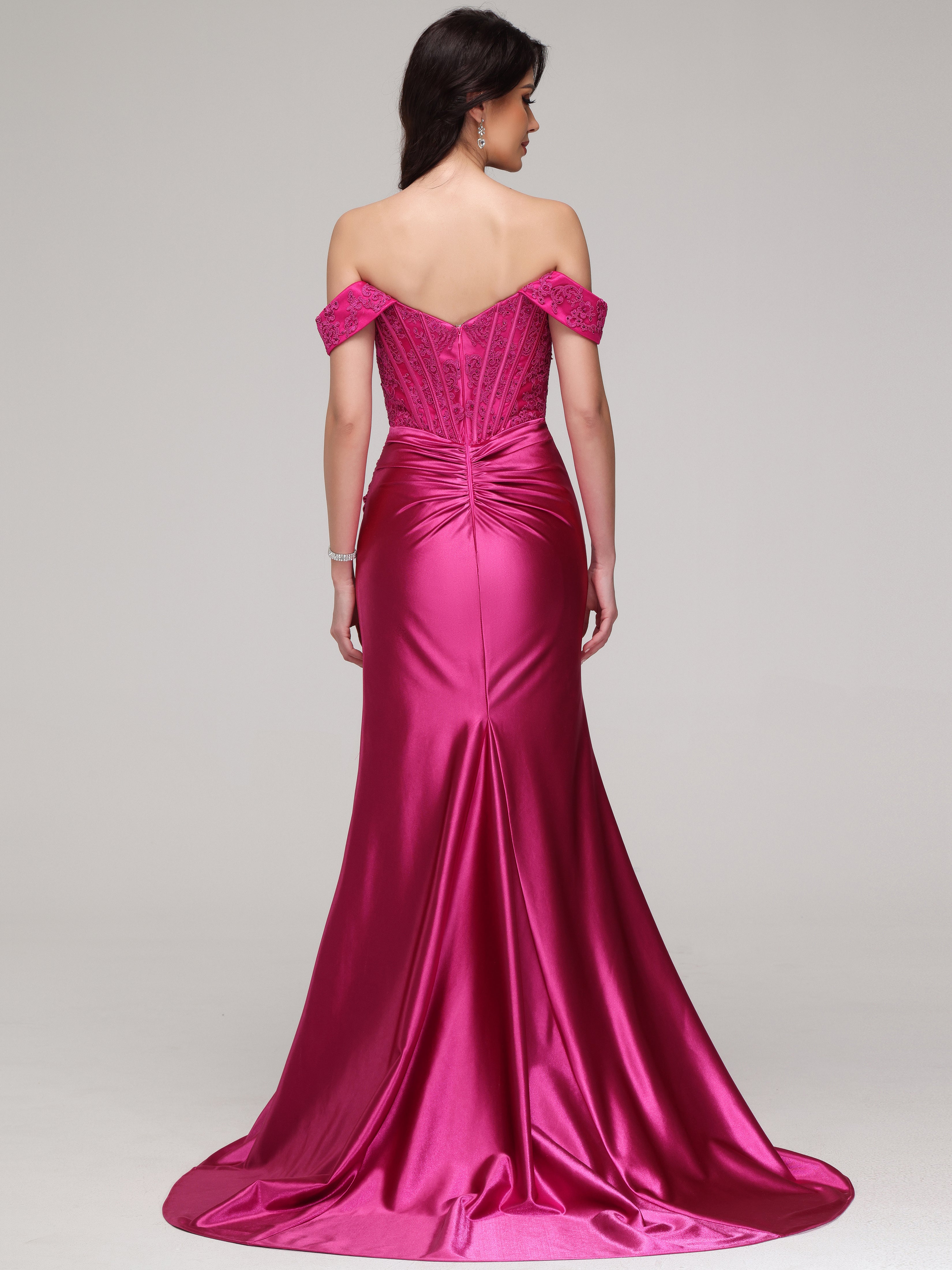 Forme Sirène Épaule dénudée Fendue Strass Tissu Stretch Robe de Soirée avec traîne