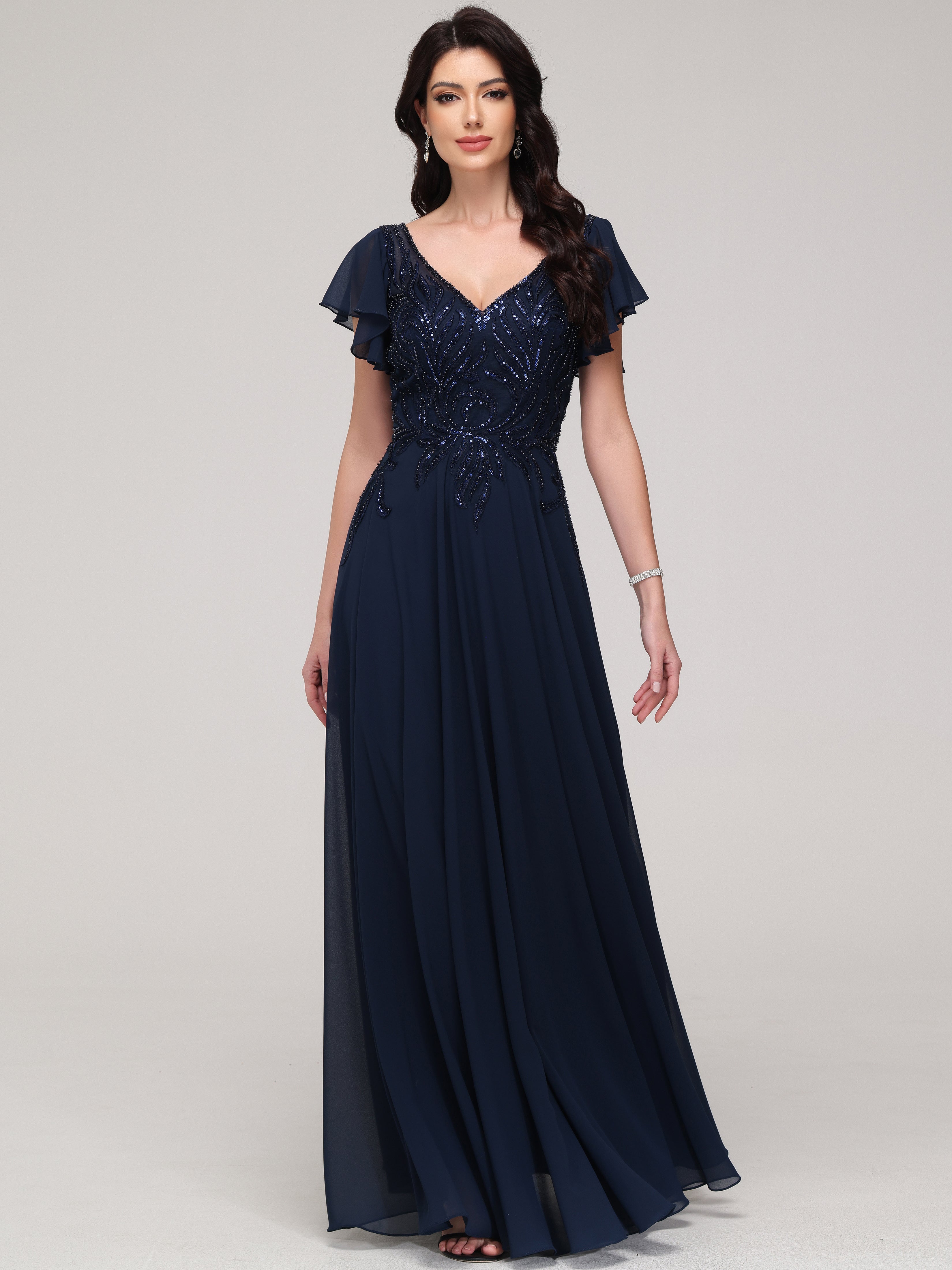 Manches courtes Trapèze Col V Mousseline Dentelle Robe de Soirée