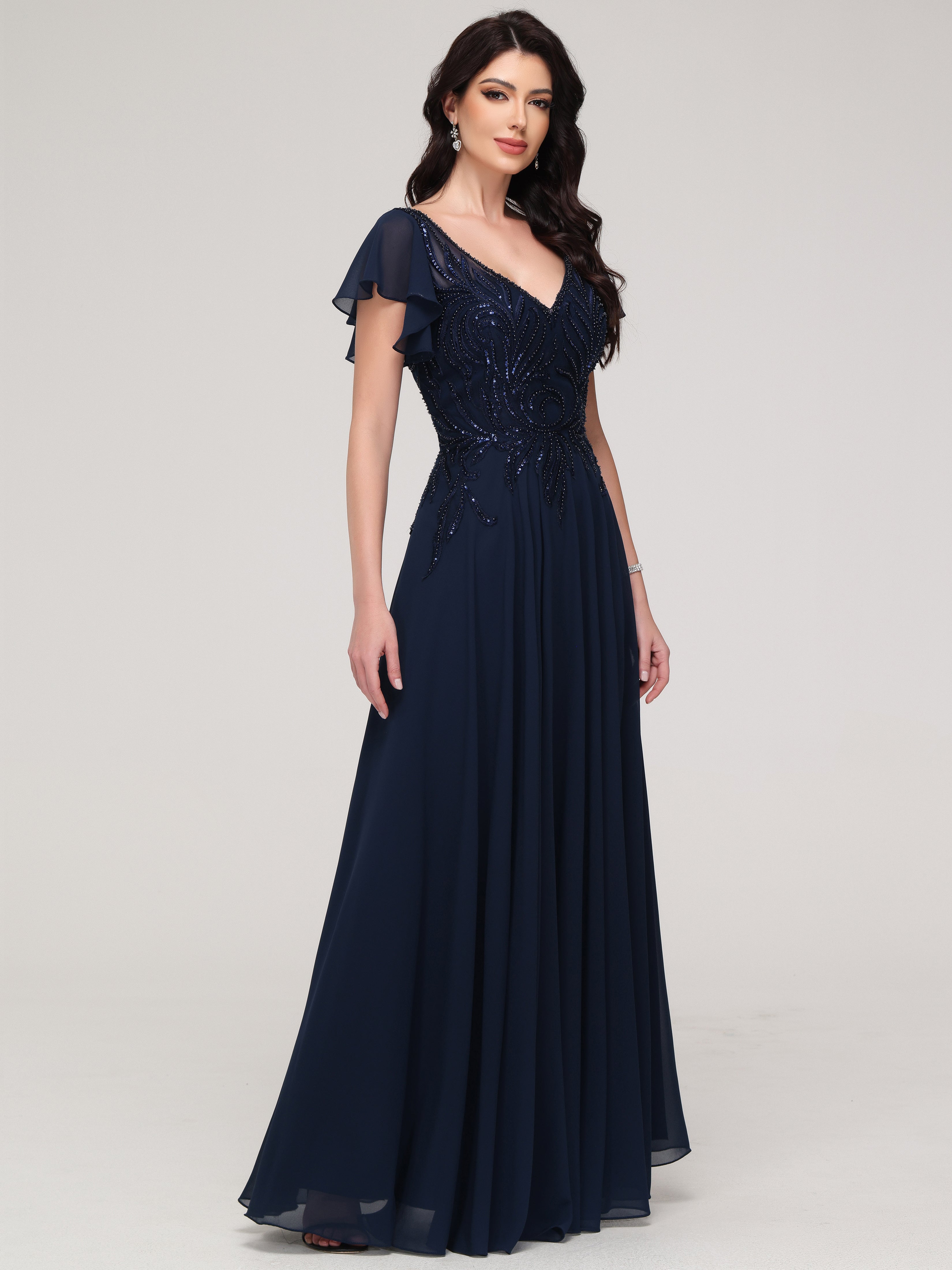 Manches courtes Trapèze Col V Mousseline Dentelle Robe de Soirée