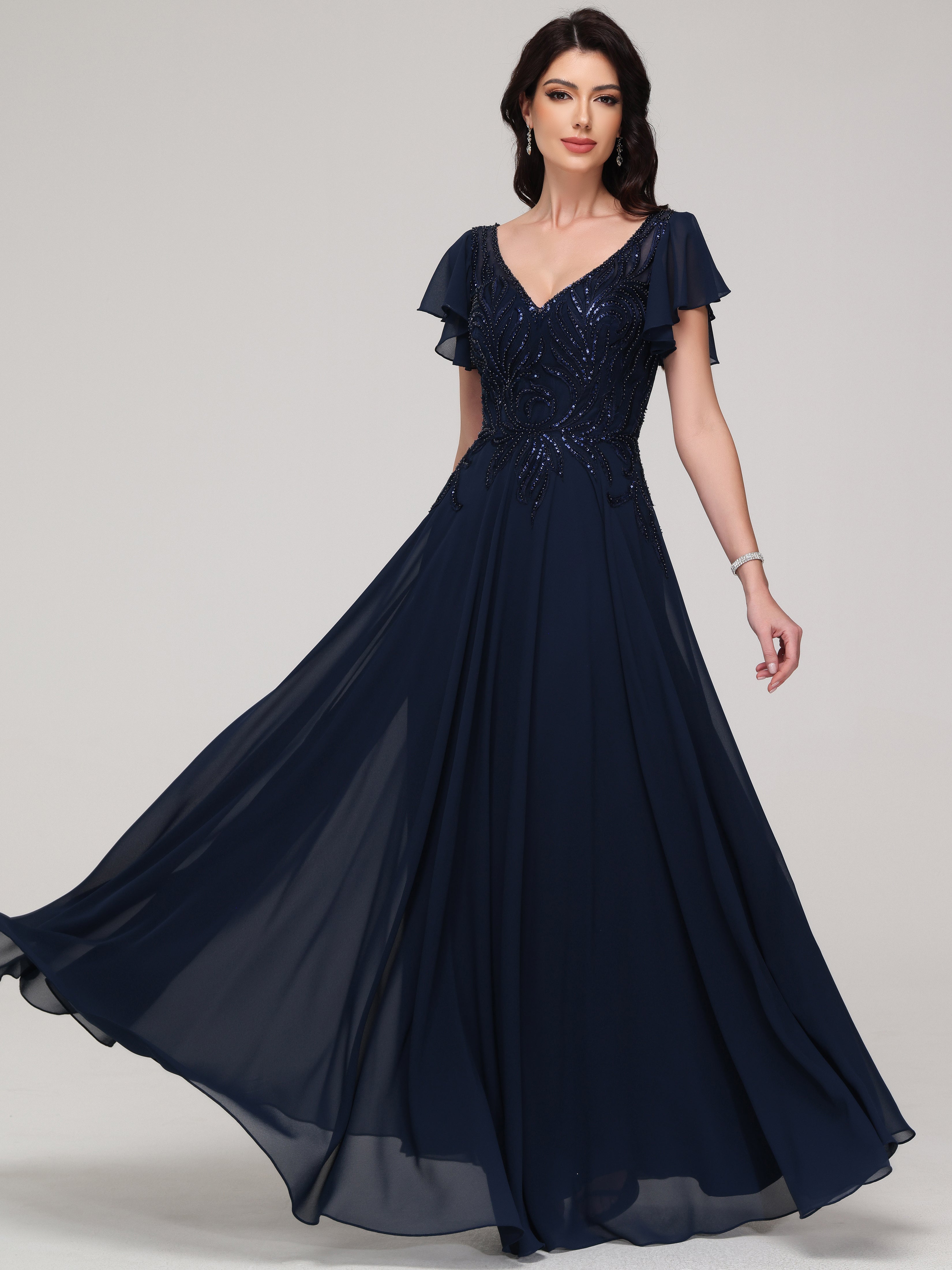 Manches courtes Trapèze Col V Mousseline Dentelle Robe de Soirée