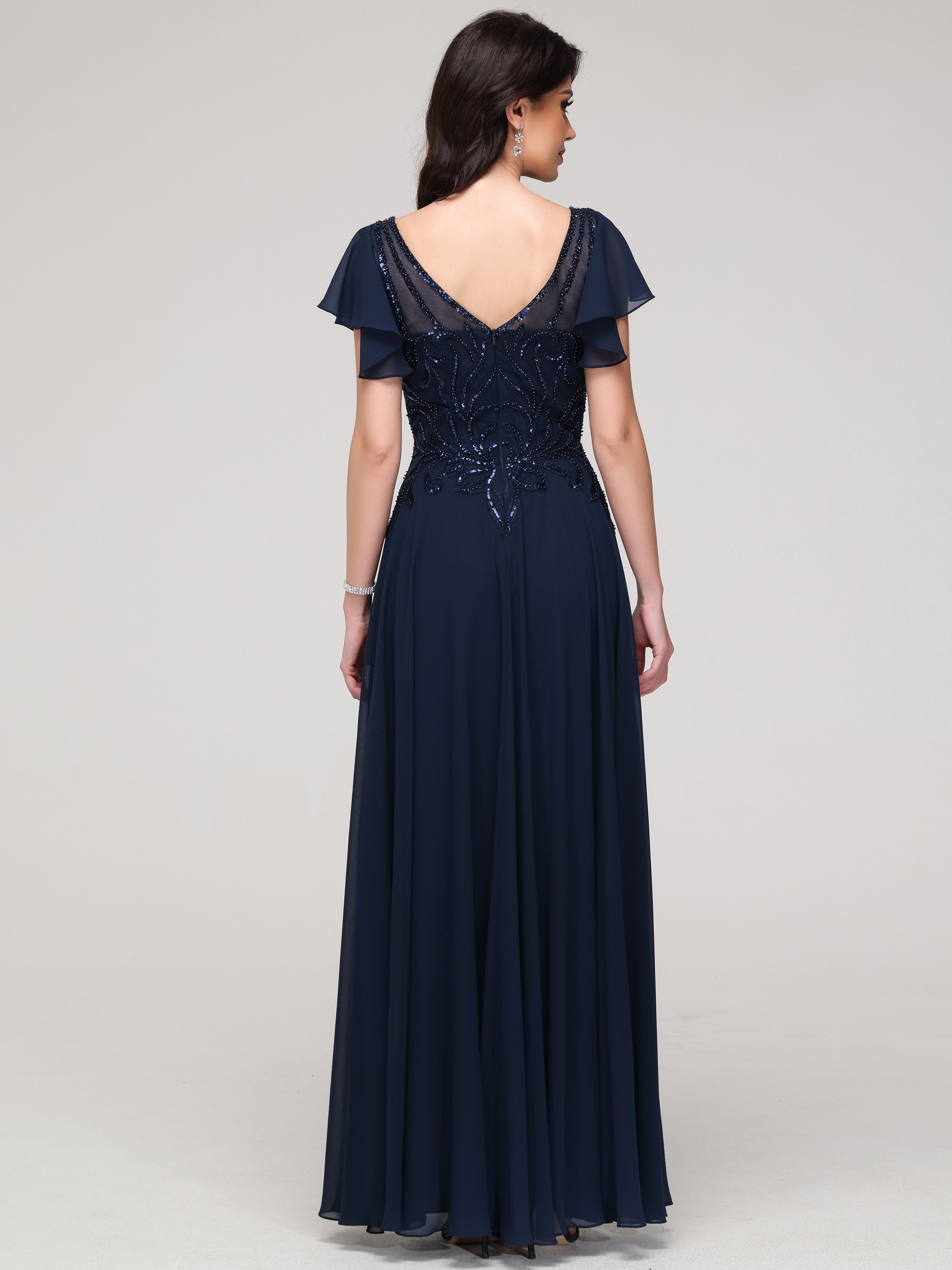 Manches courtes Trapèze Col V Mousseline Dentelle Robe de Soirée