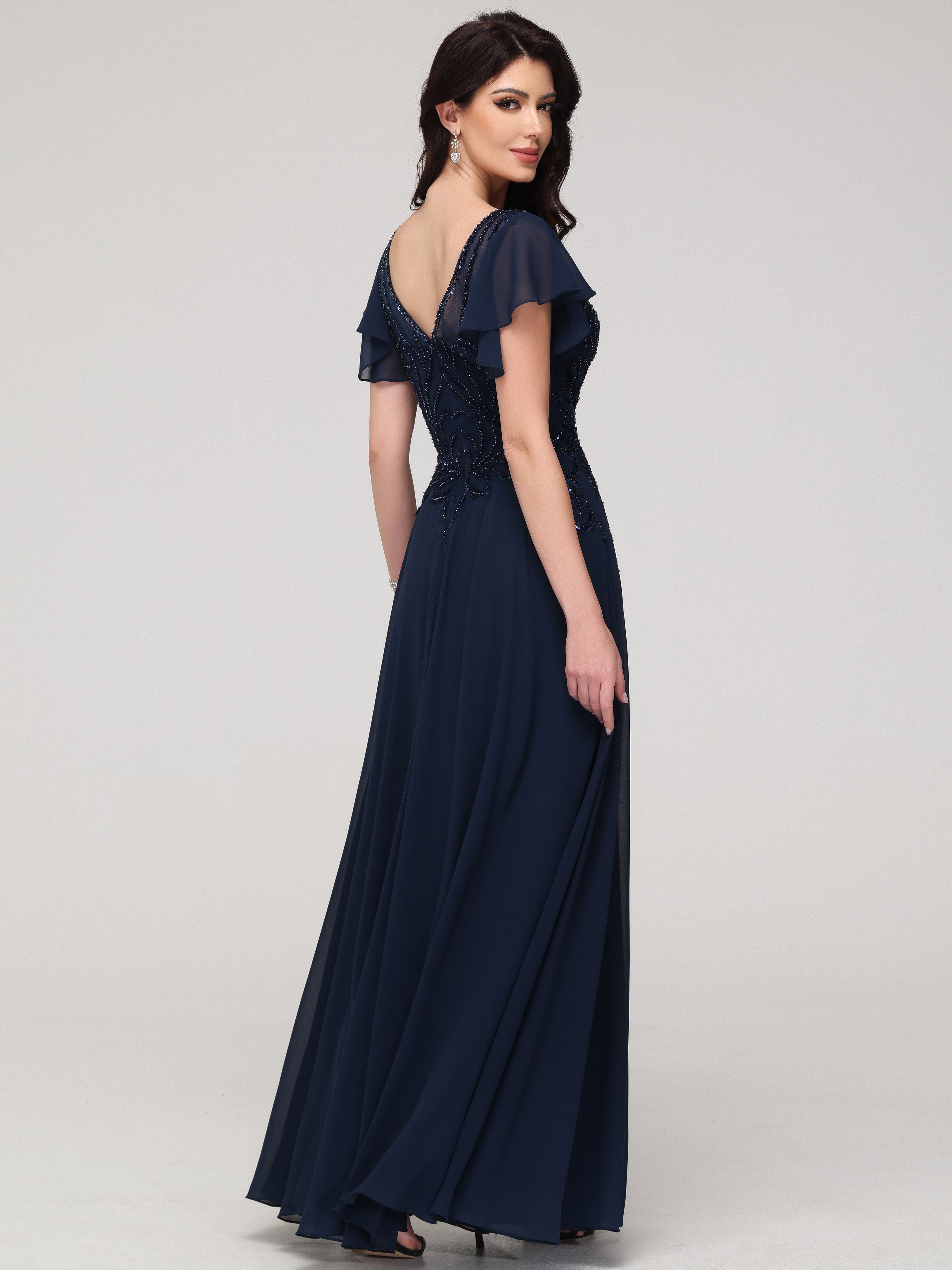 Manches courtes Trapèze Col V Mousseline Dentelle Robe de Soirée