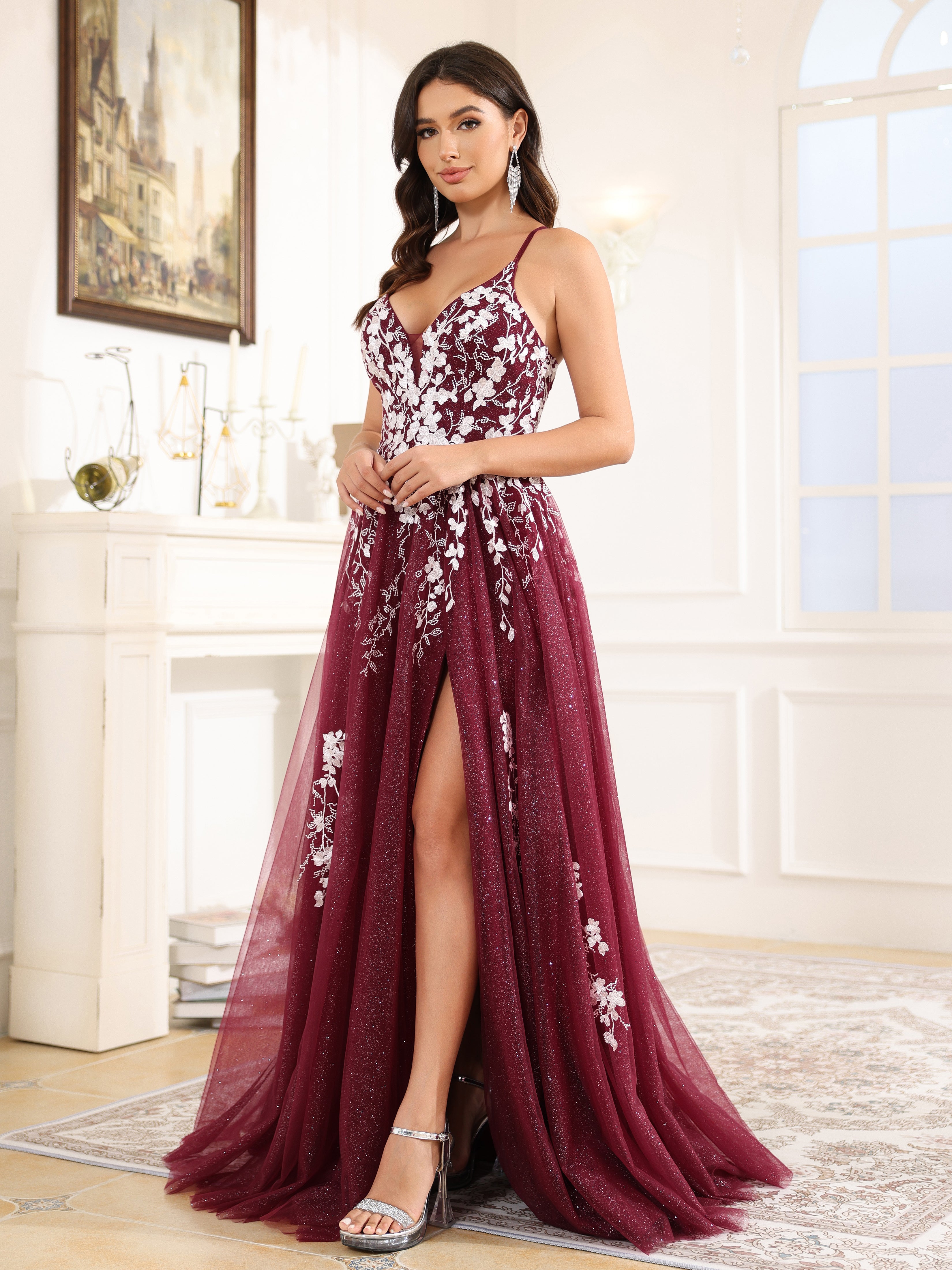 Trapèze Fendue Bretelles Spaghetti Dentelle Tulle Robe de Soirée BORDEAUX