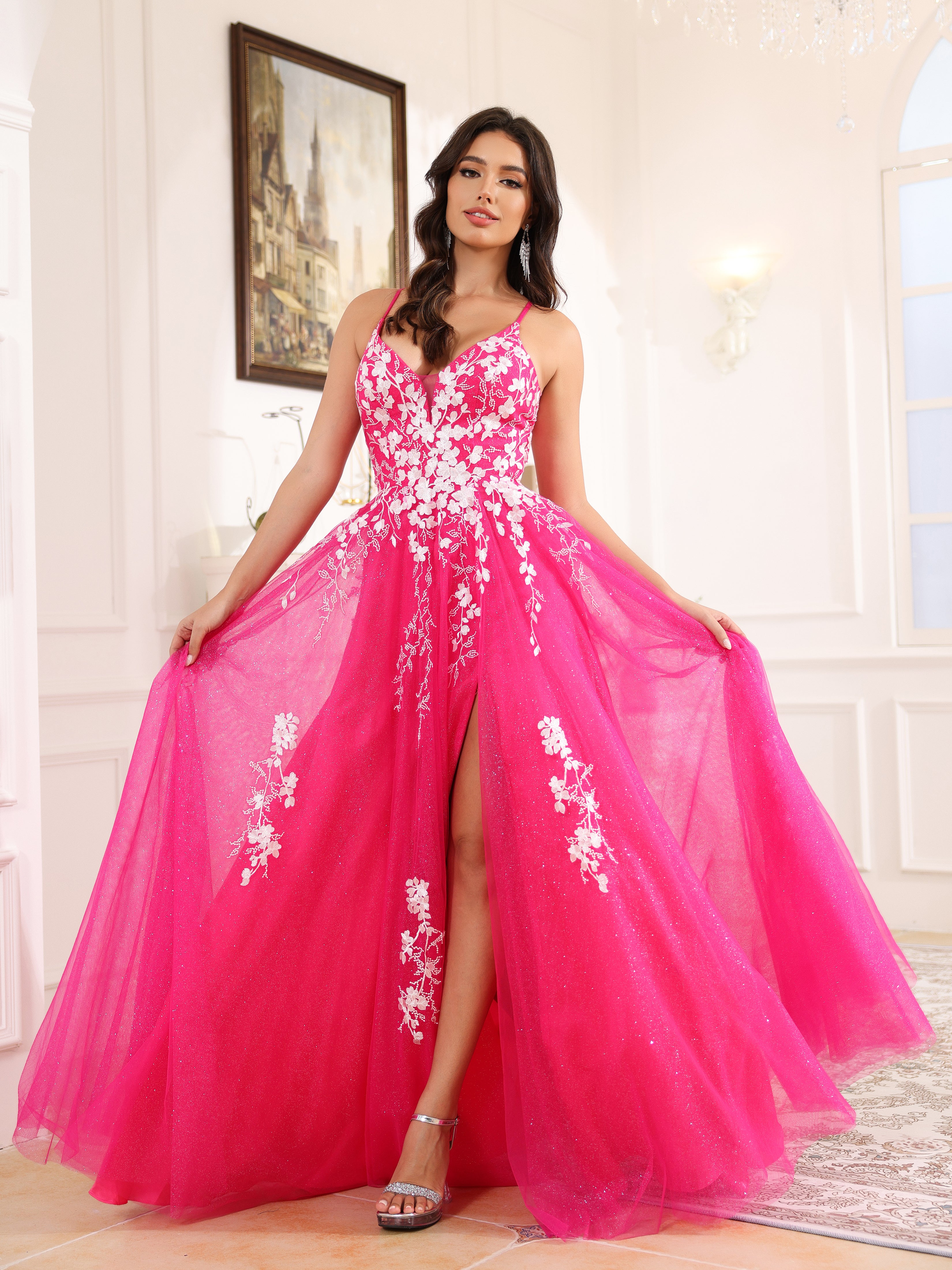 Trapèze Fendue Bretelles Spaghetti Dentelle Tulle Robe de Soirée AZALE