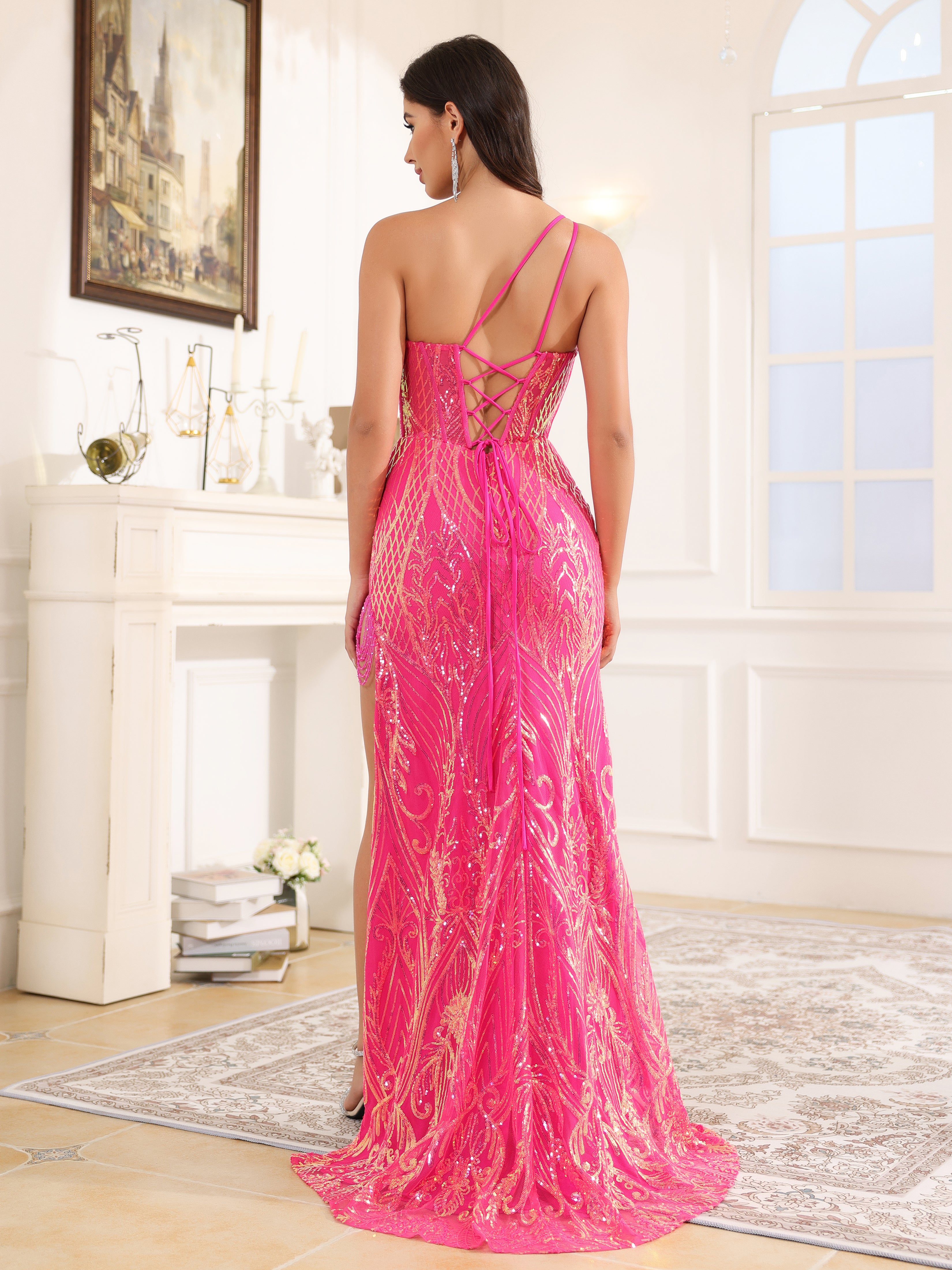 Fourreau Seule épaule Fendue latérale Paillettes Robe de Soirée avec traîne