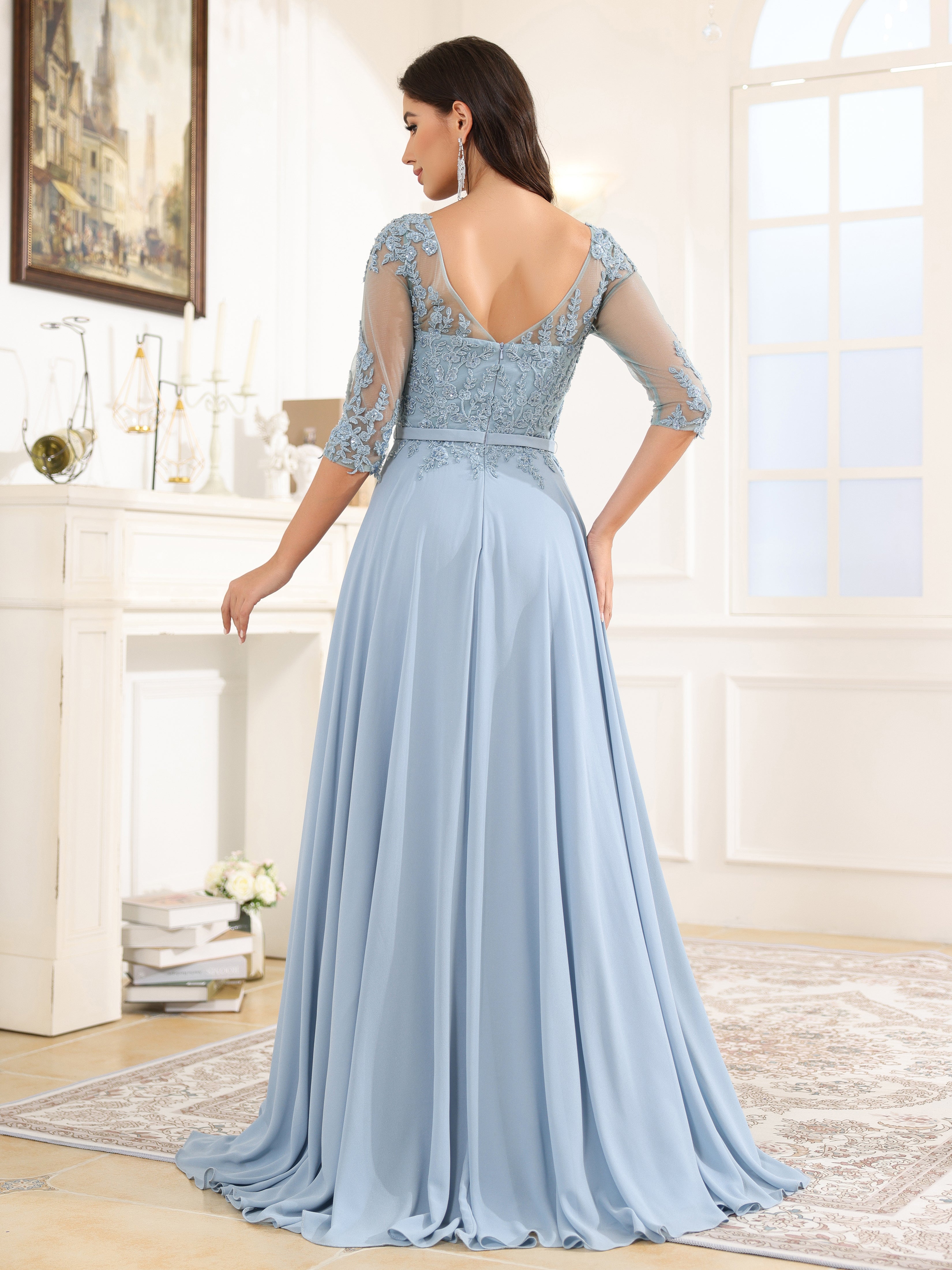 Trapèze Demi-manches Mousseline Dentelle Robe de Soirée avec traîne