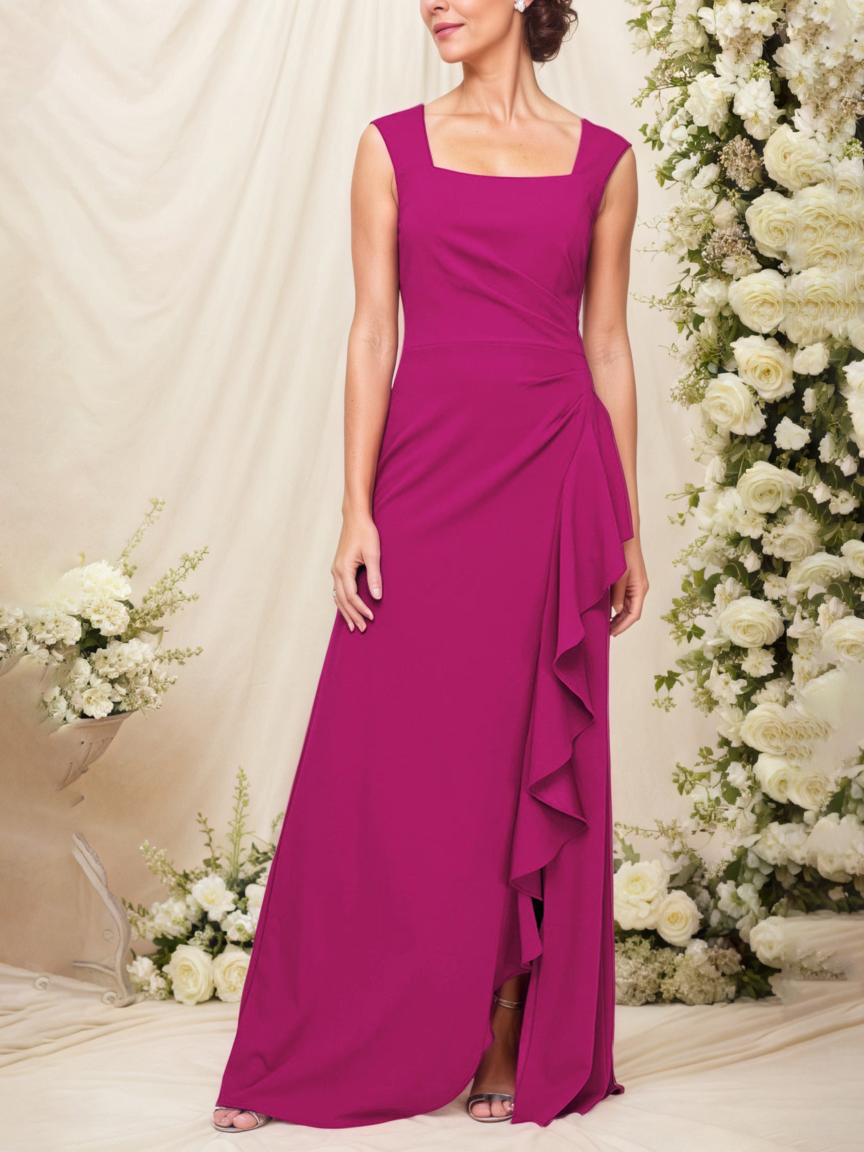 Robe Mère de la Mariée FUCHSIA Col Carré Robe Trapèze avec Volant en Cascade