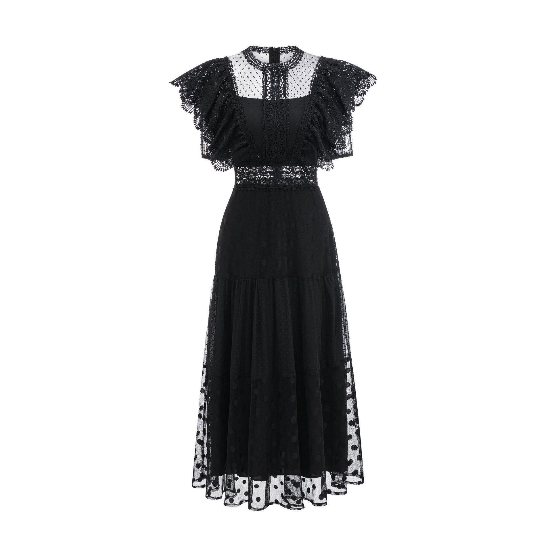 Robe Longue Trapèze Col Rond Manches Courtes Robe de Soirée en Noir