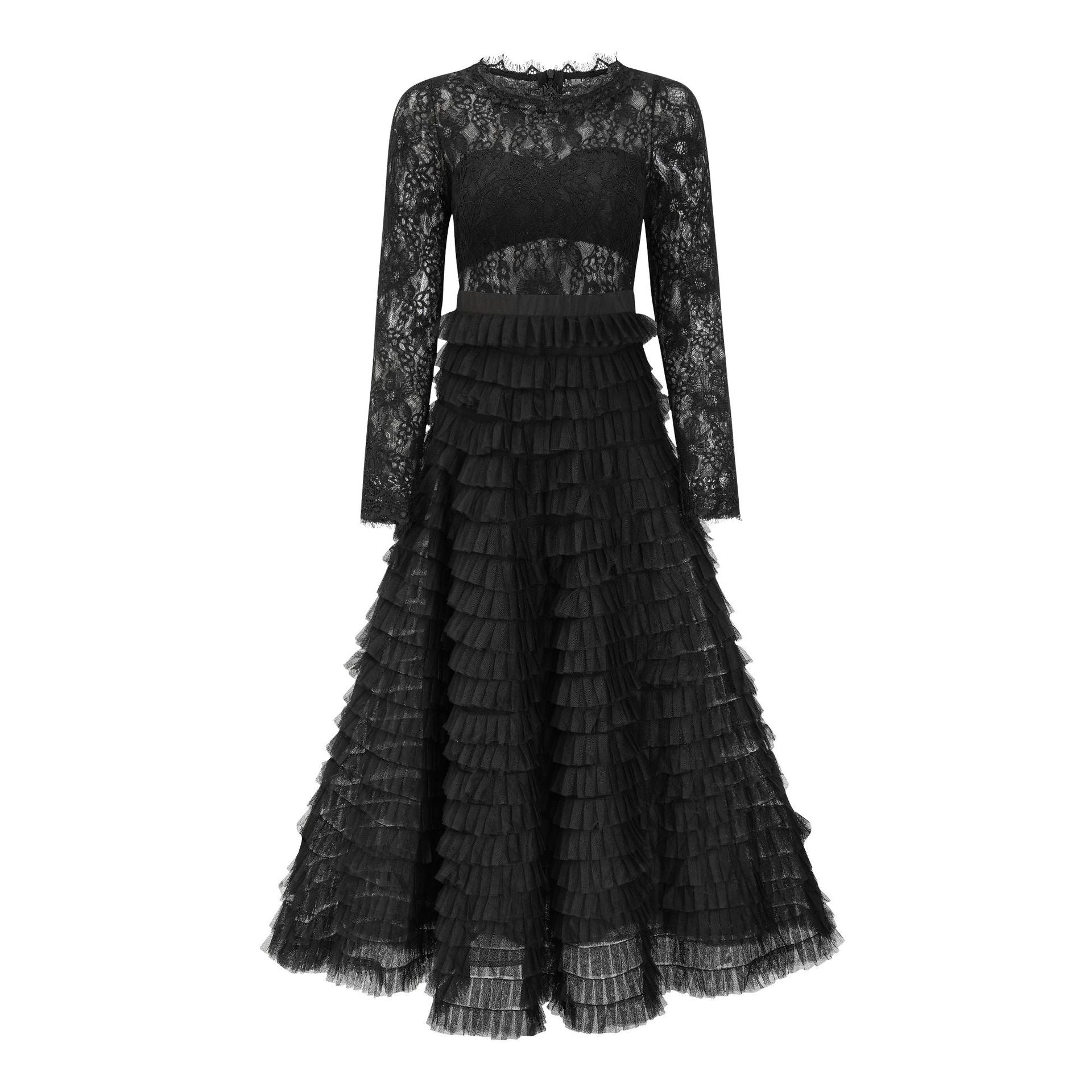 Robe Dentelle Trapèze Col Rond Manches Longues Robe de Soirée en Noir