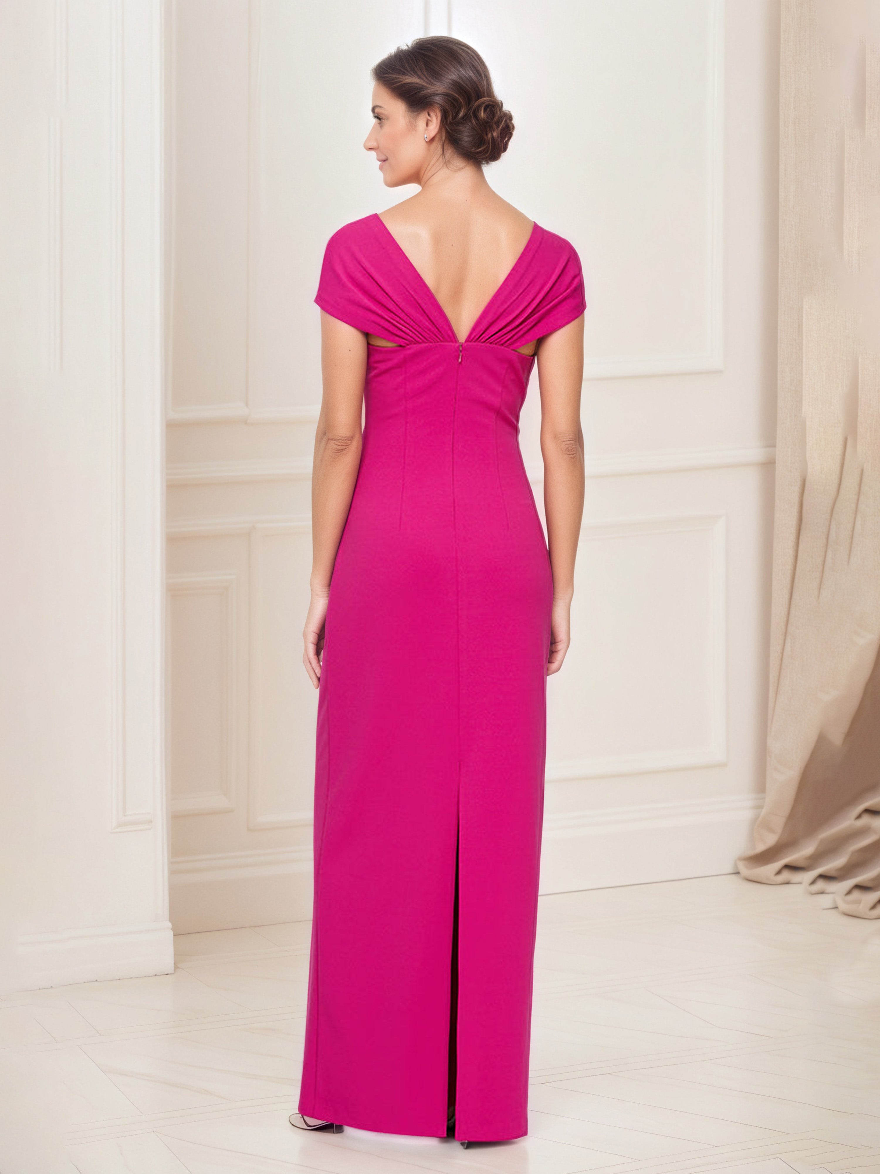 Robe Mère de la Mariée FUCHSIA Robe Longue Fourreau/Colonne Col Carré Manches Courtes