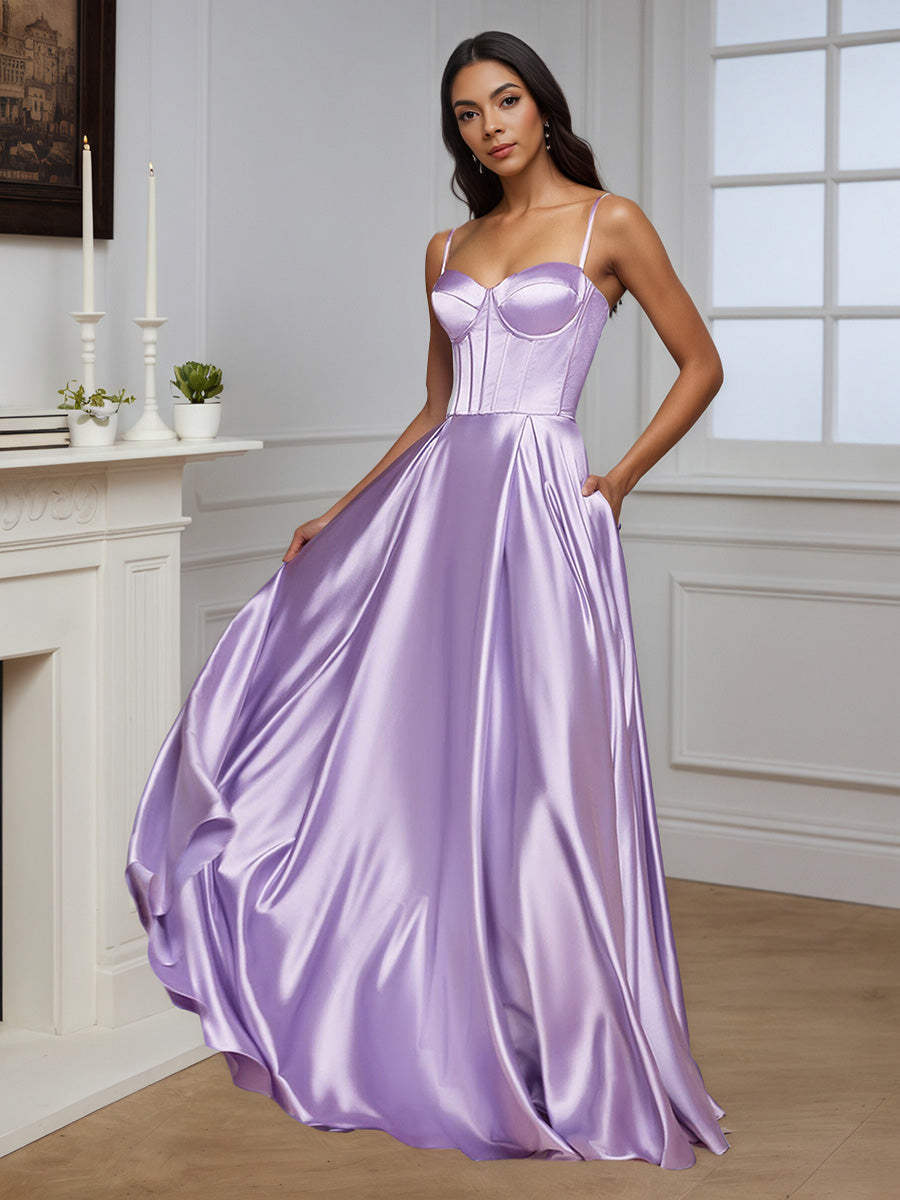 Cicinia Robe de Soirée Lilas Longue en Satin Doux A-Line Fente Traîne Balayée