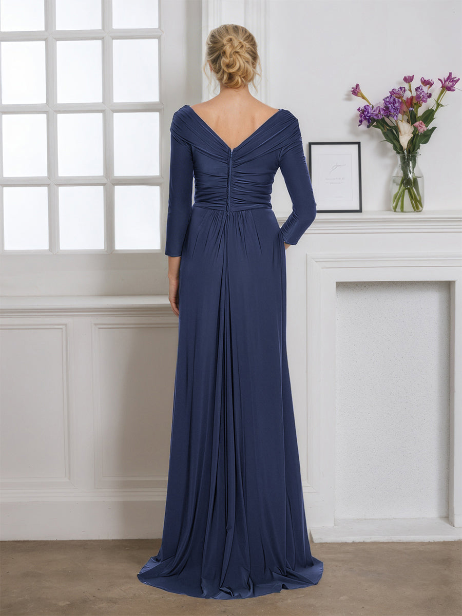 Cicinia Robe pour Mère de la Mariée BLEU MARINE Longue Fourreau Décolleté en V avec Traîne Balayée