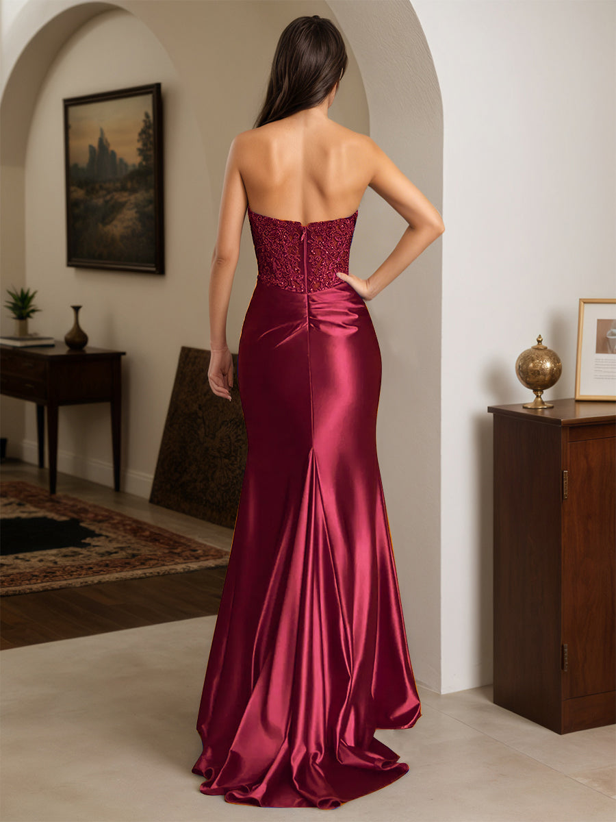 Cicinia Robe de Soirée BORDEAUX Longue en Satin Extensible Fourreau sans Bretelles Appliqués Dentelle