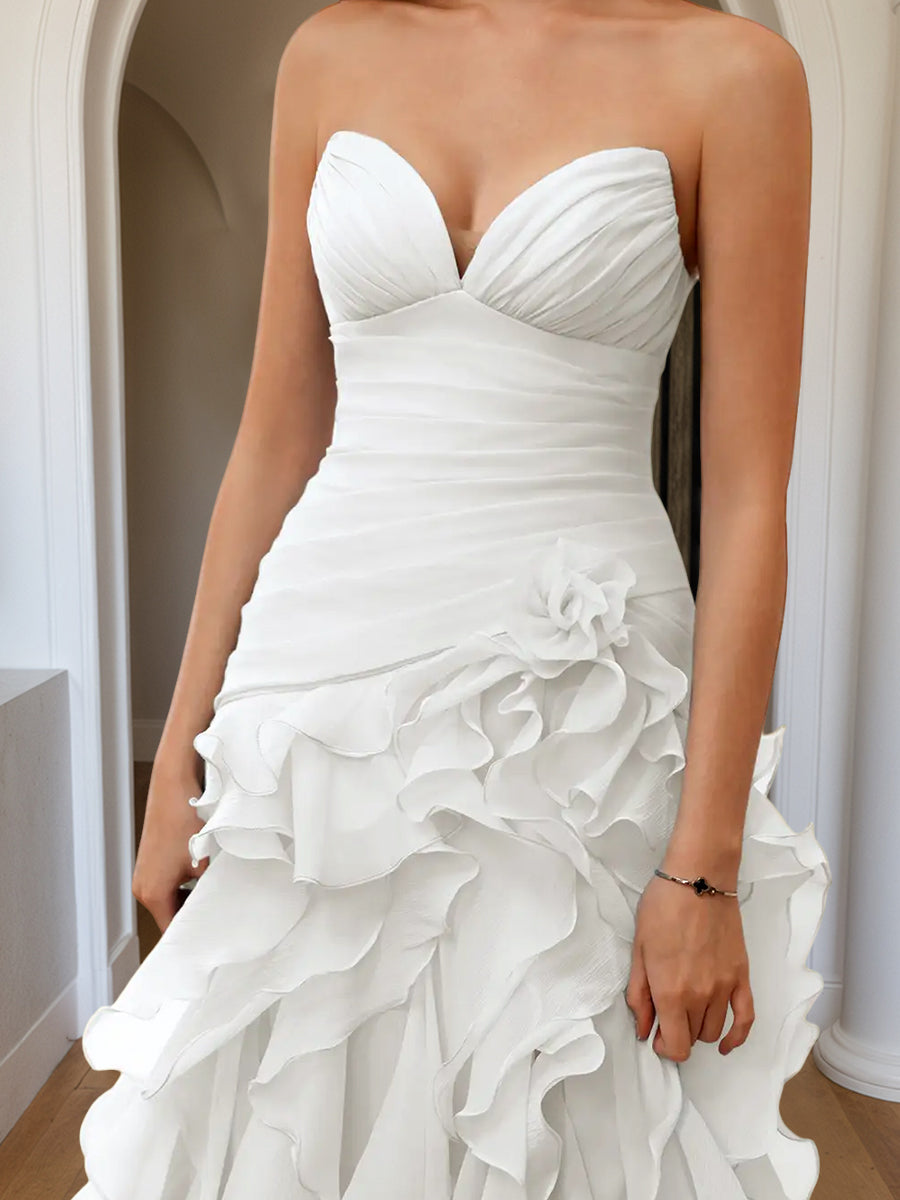 Cicinia Robe de Soirée Blanc Longue Fourreau sans Bretelles Fente Dos Nud à Volants
