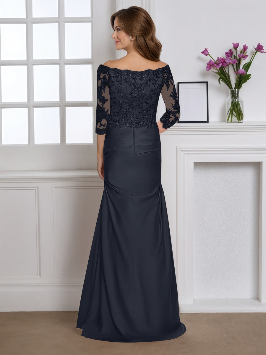 Cicinia Robe pour Mère de la Mariée BLEU MARINE Longue en Tissu Extensible Fourreau Épaules Dénudées Élégante