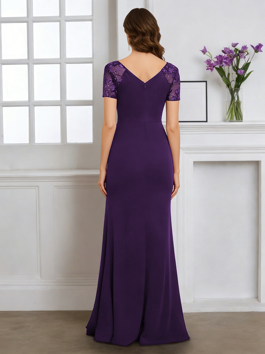 Cicinia Robe pour Mère de la Mariée Raisin Longue en Tissu Extensible Fourreau Décolleté en V Fente