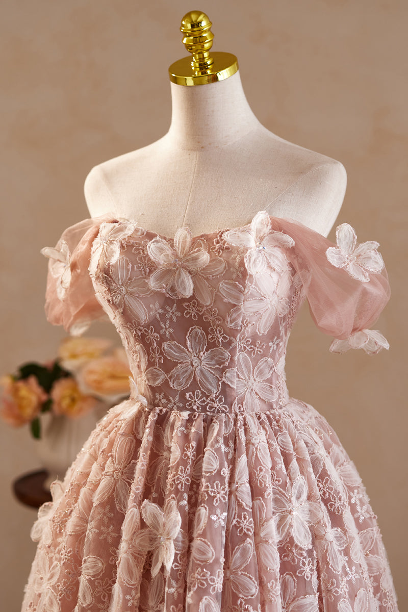 Robe de bal Rose en Tulle et Dentelle à Épaules Dénudées avec Appliques de Fleurs