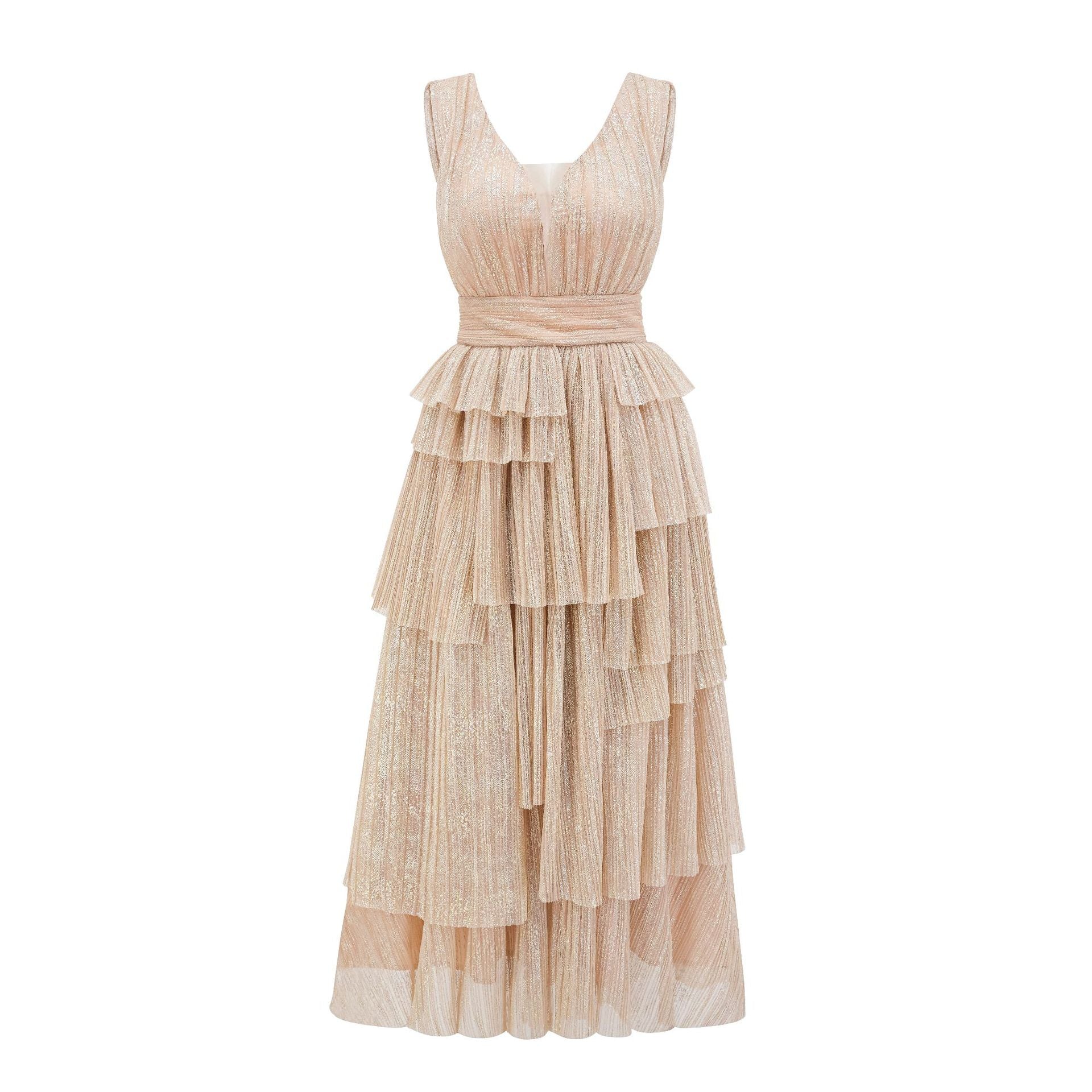 Robe Longue en Tulle Trapèze Col V Sans Manches Robe de Soirée en Or