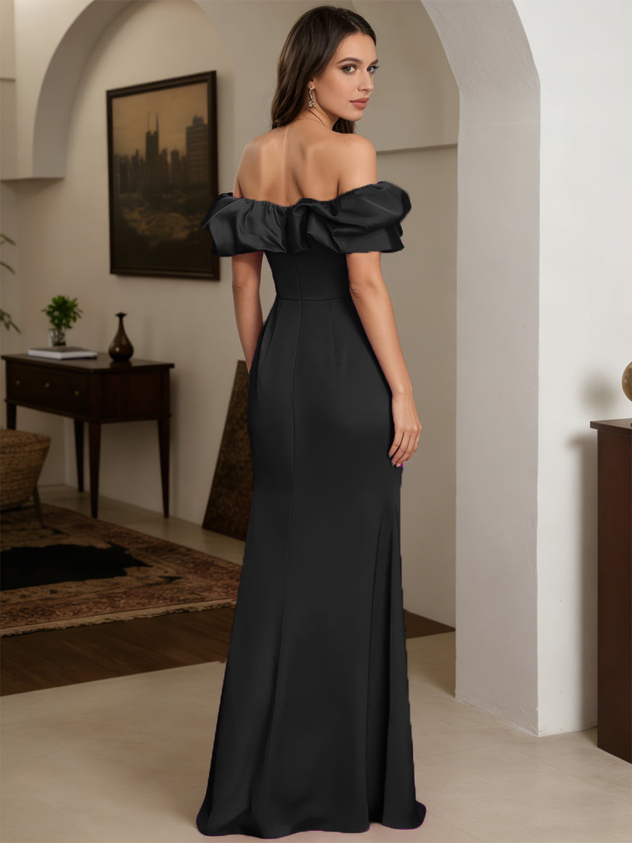 Cicinia Noir Robe de Soirée Longue en Satin Extensible Fourreau Épaules Dénudées Longueur Sol
