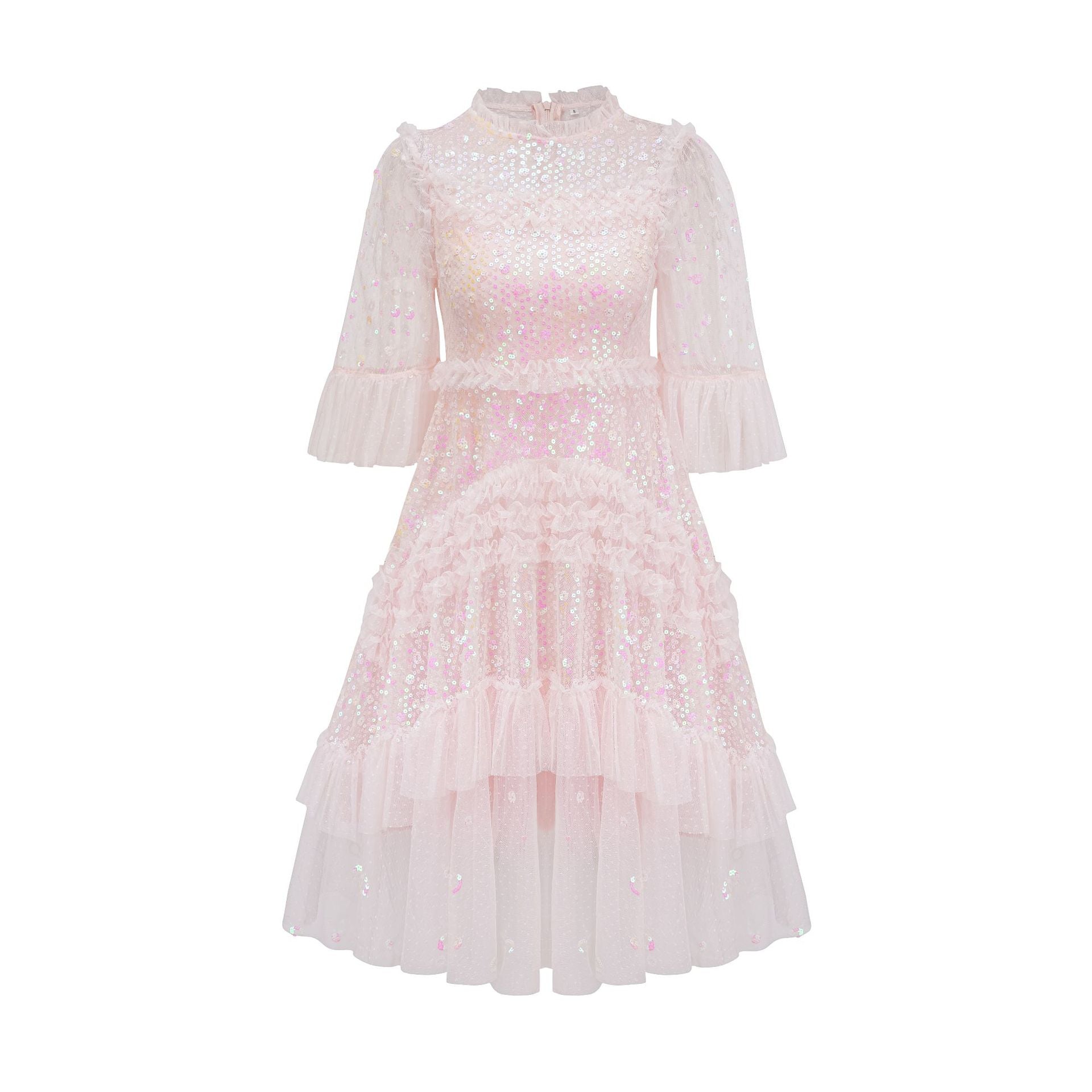 Robe Courte Trapèze Col Rond Paillettes Manches 3/4 Robe de Soirée en Rose