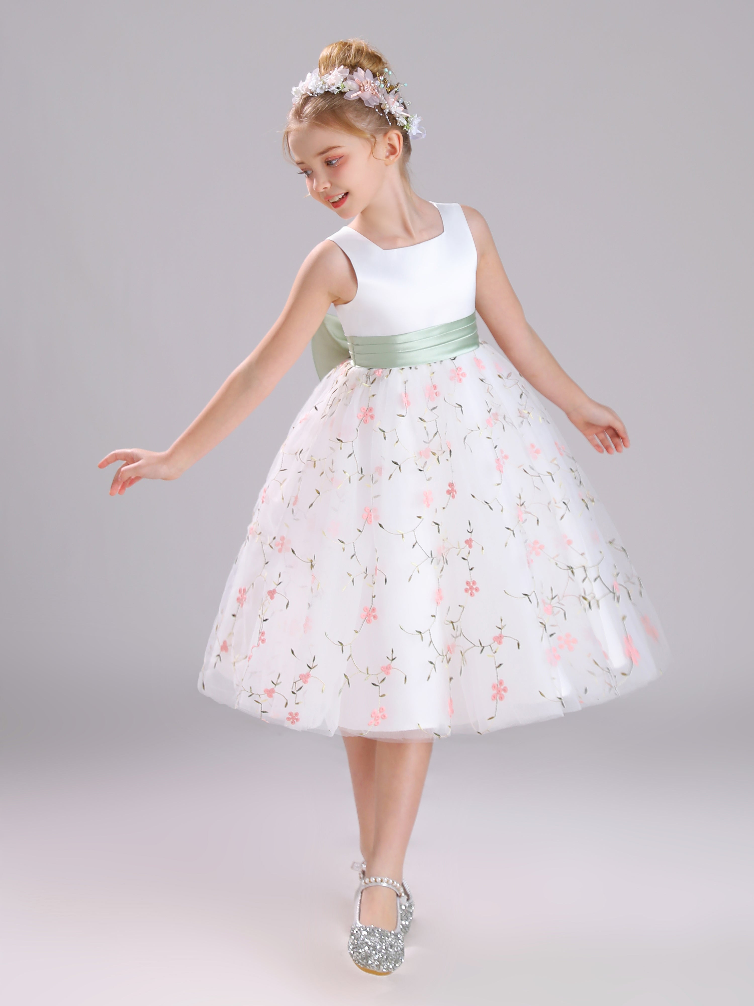 Douce Col Carré Satin&Tulle&Dentelle Courte Robe Fille