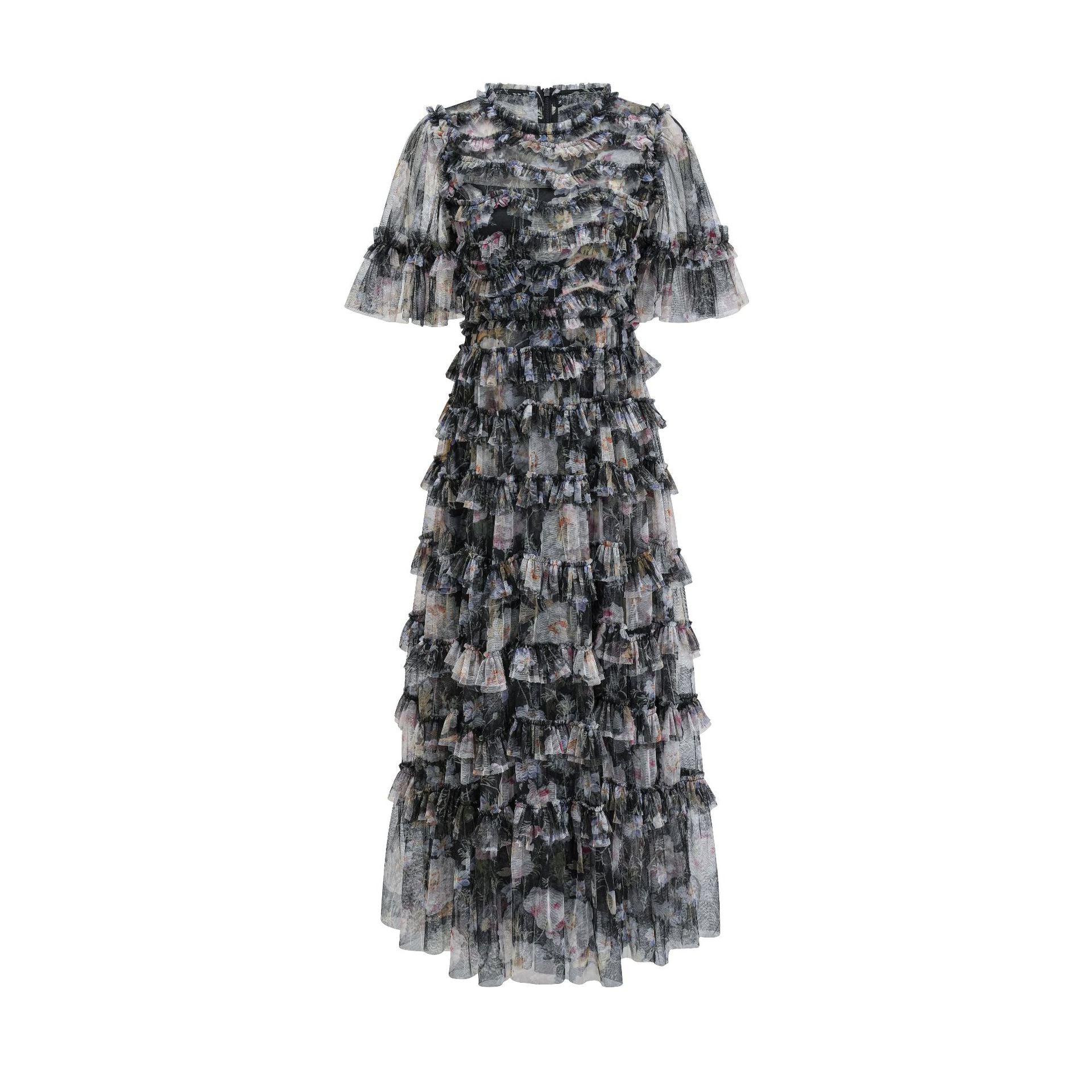 Robe Trapèze Col Rond à Volants Manches Courtes Robe de Soirée en Noir