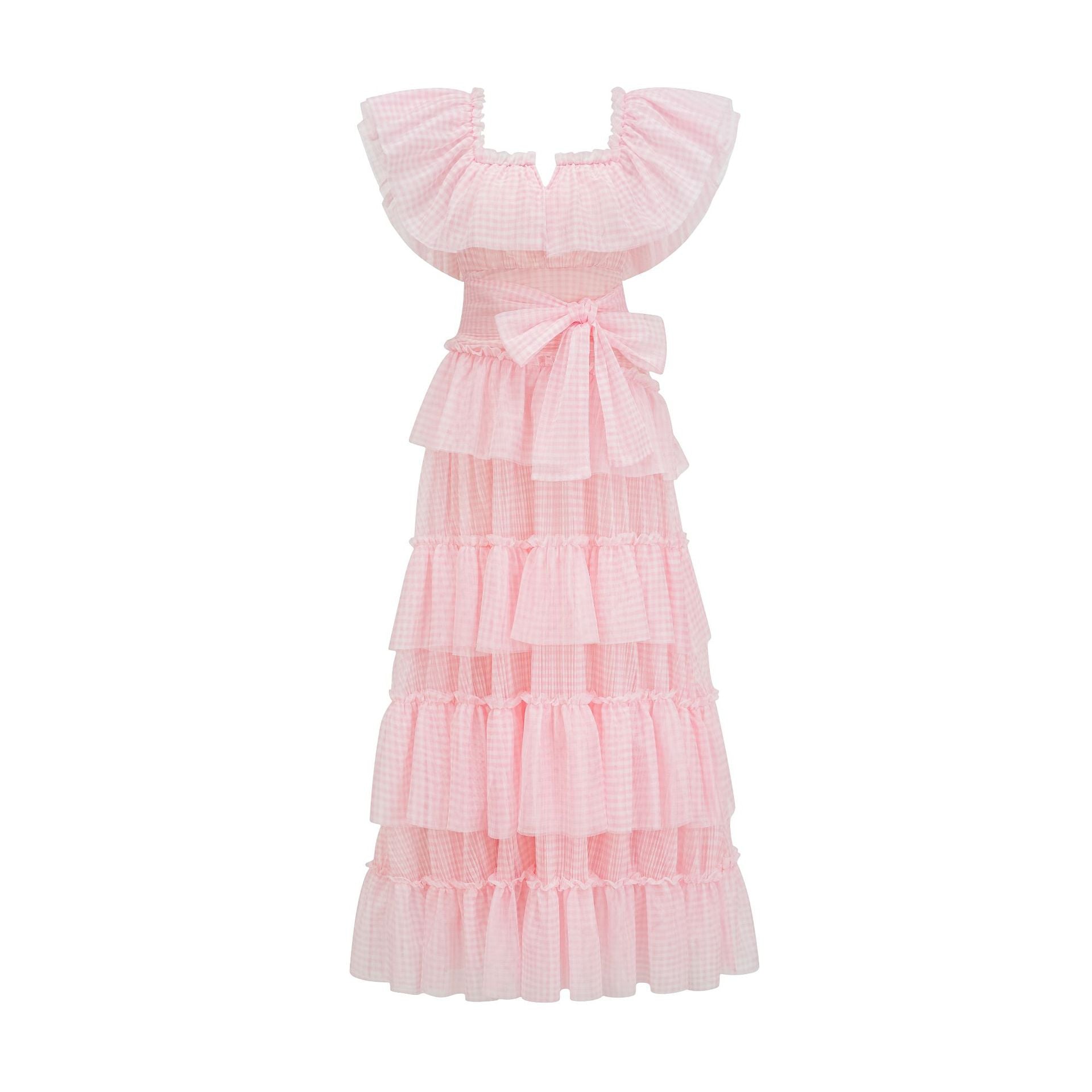 Robe Trapèze Col Carré à Volants Manches Courtes Robe de Soirée en Rose