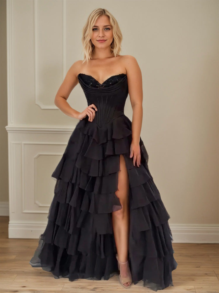 Robe de Soirée Noir Mousseline et Dentelle Trapèze avec corsage à Appliques