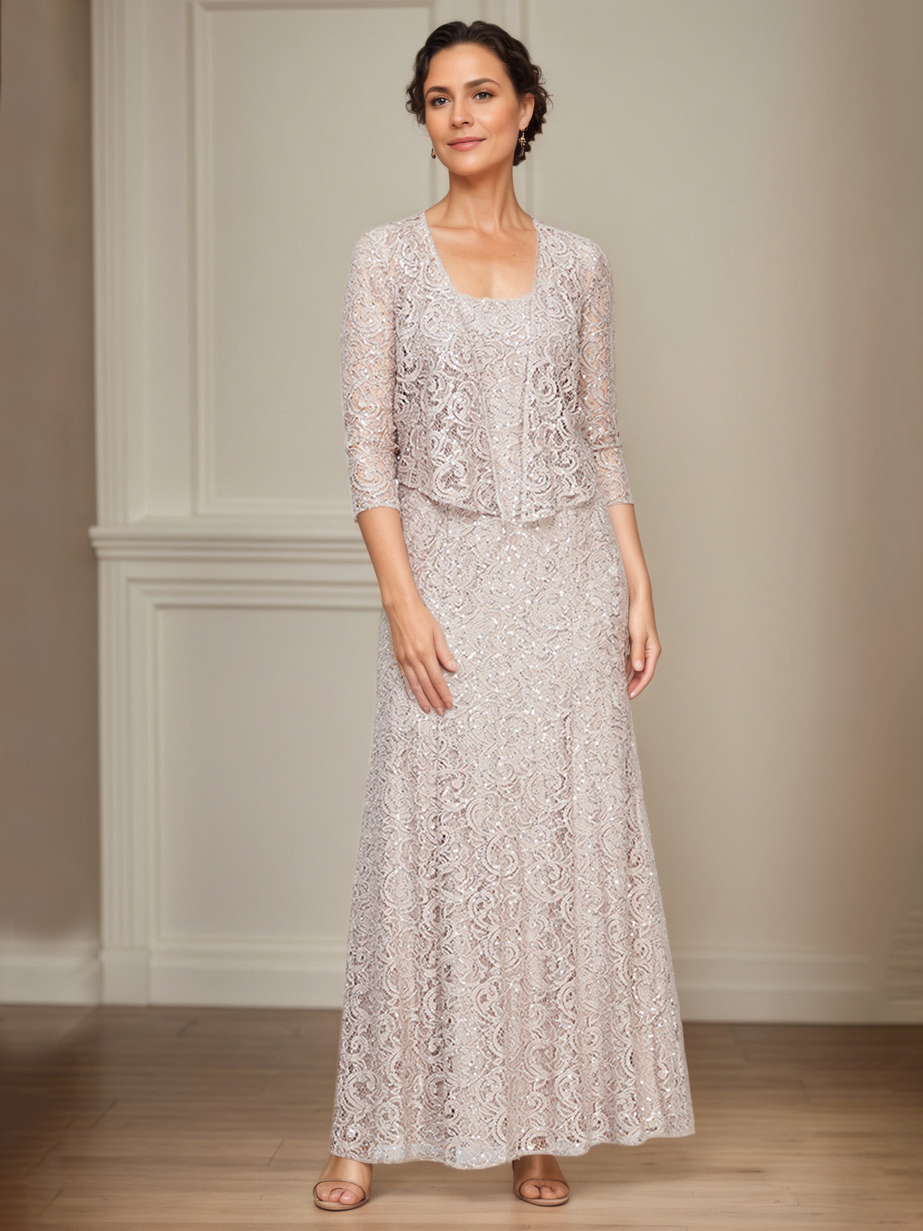 Robe Mère de la Mariée CHAMPAGNE Robe Trapèze en Dentelle à Paillettes Avec Veste Illusion à Manches 3/4