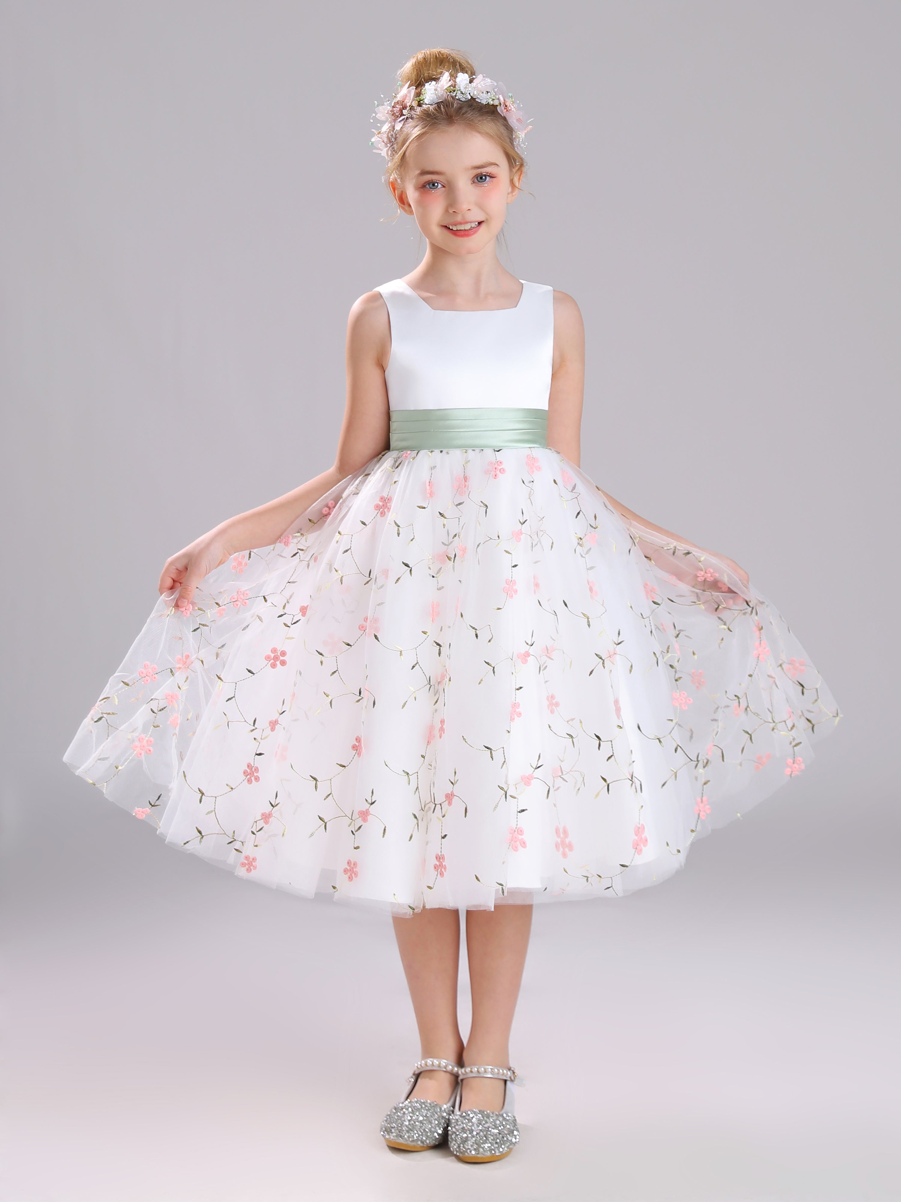 Douce Col Carré Satin&Tulle&Dentelle Courte Robe Fille