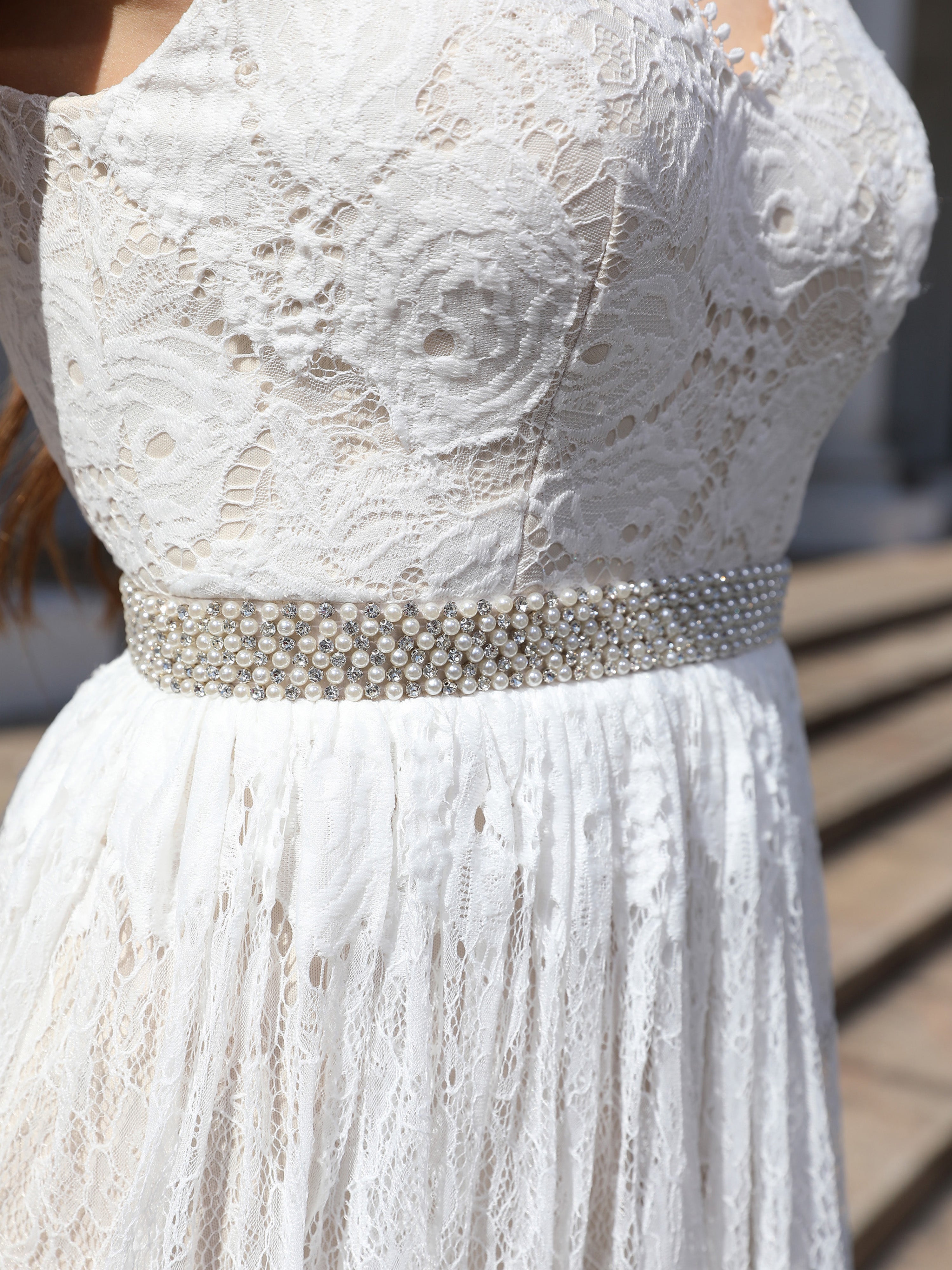 Col V Dentelle Sans Manches Robe de Mariage Trapèze