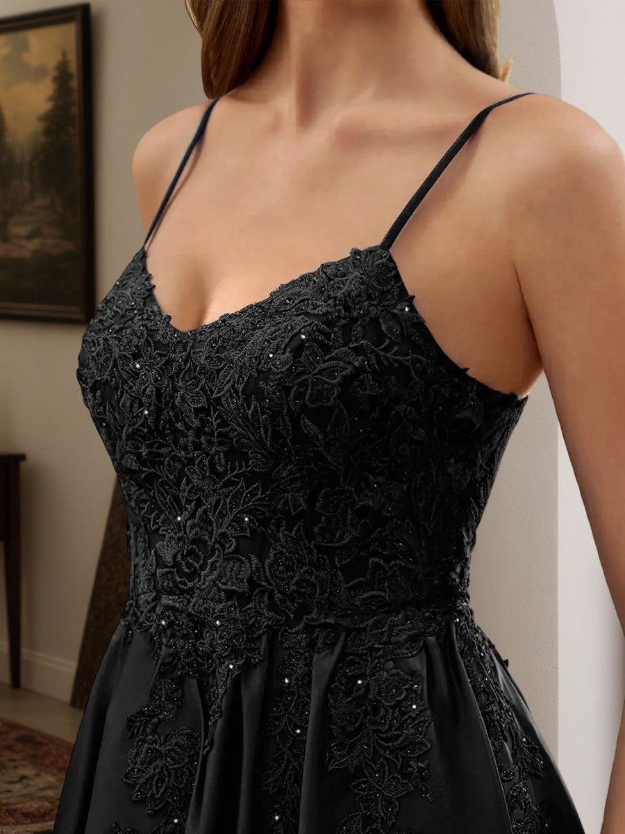Cicinia Robe de Soirée NOIR Longue A-Line en Satin Appliqués Dentelle Longueur Sol