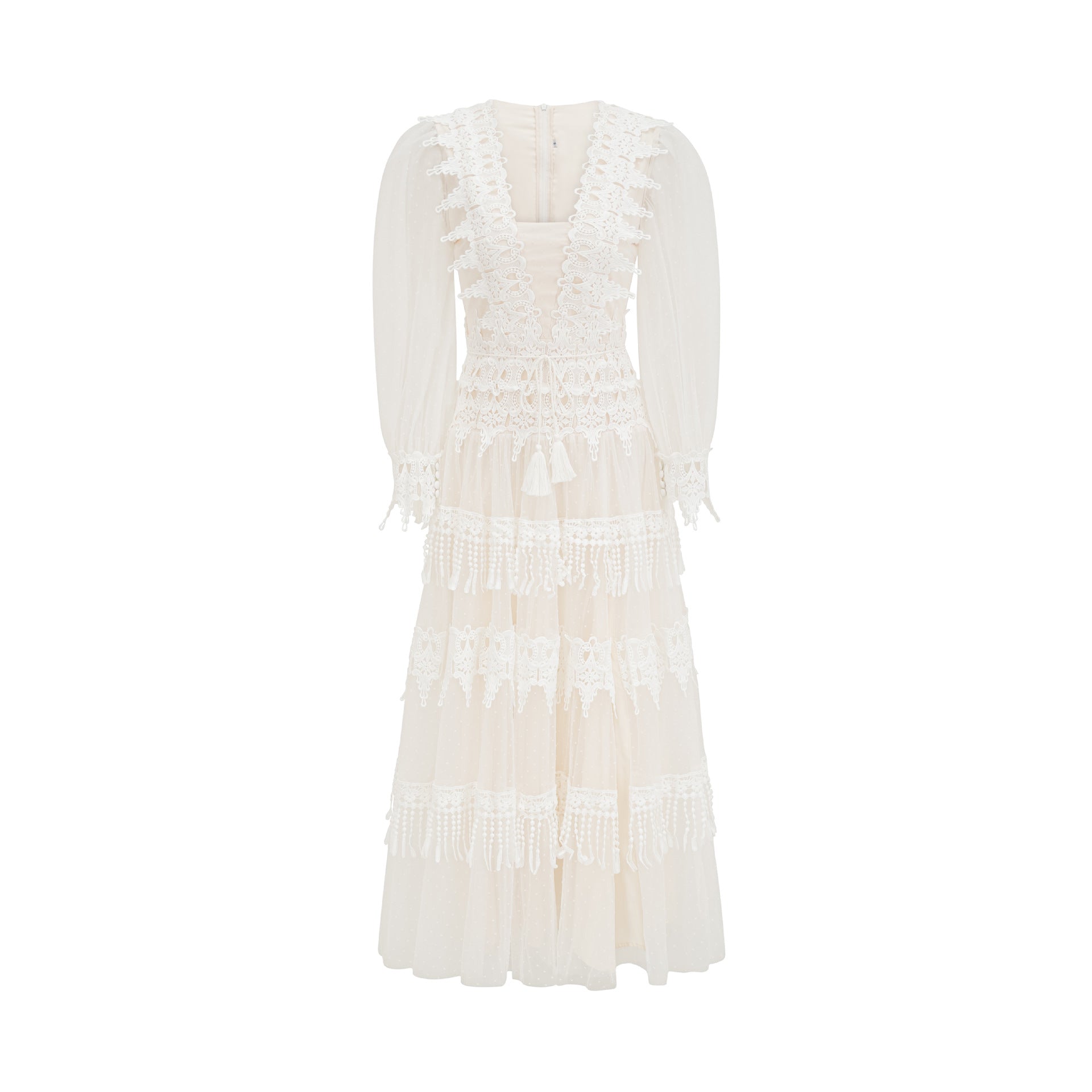 Robe Dentelle Trapèze Col V Manches Longues Robe de Soirée en Blanc