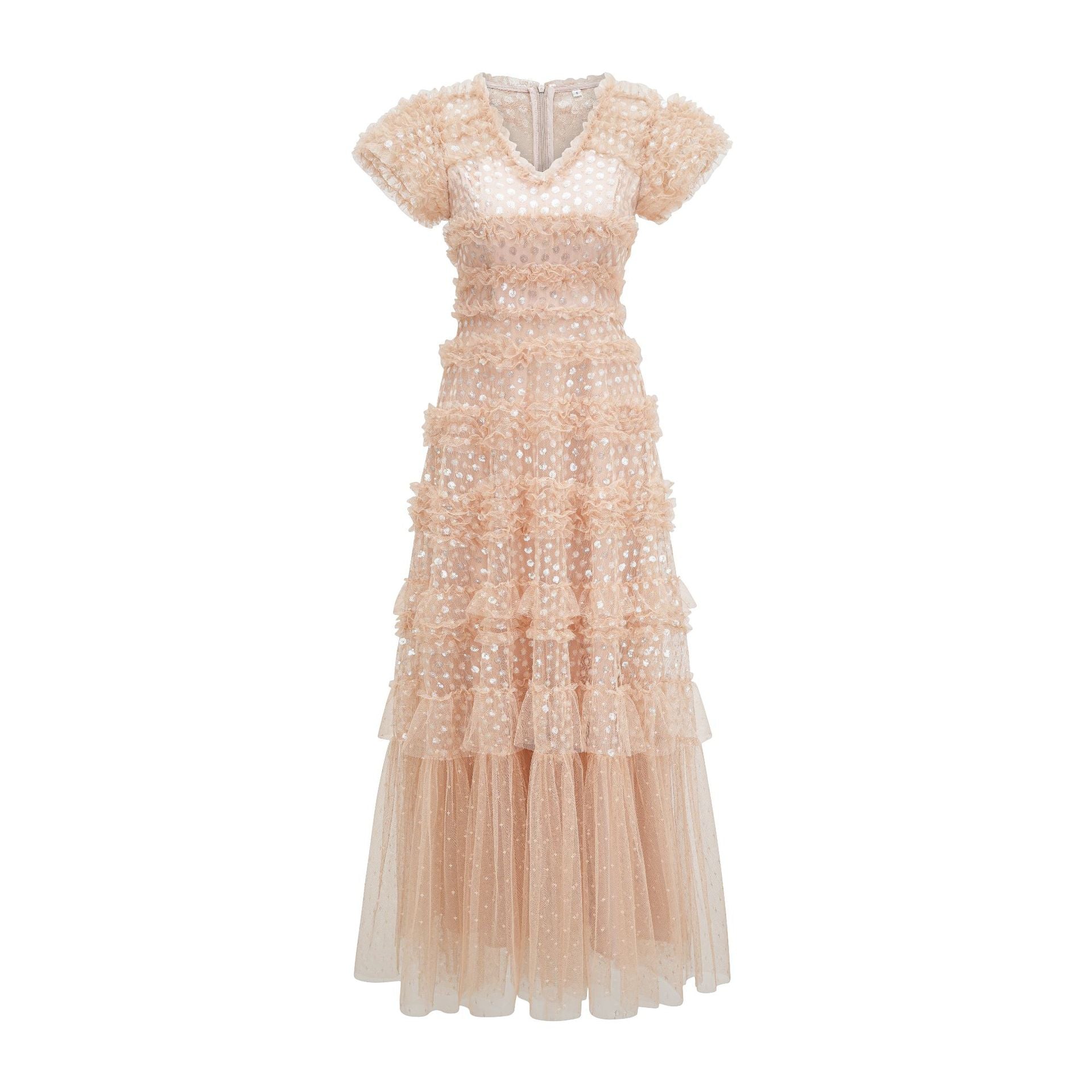 Robe Paillettes Trapèze Col V Manches Courtes Robe de Soirée en Rose