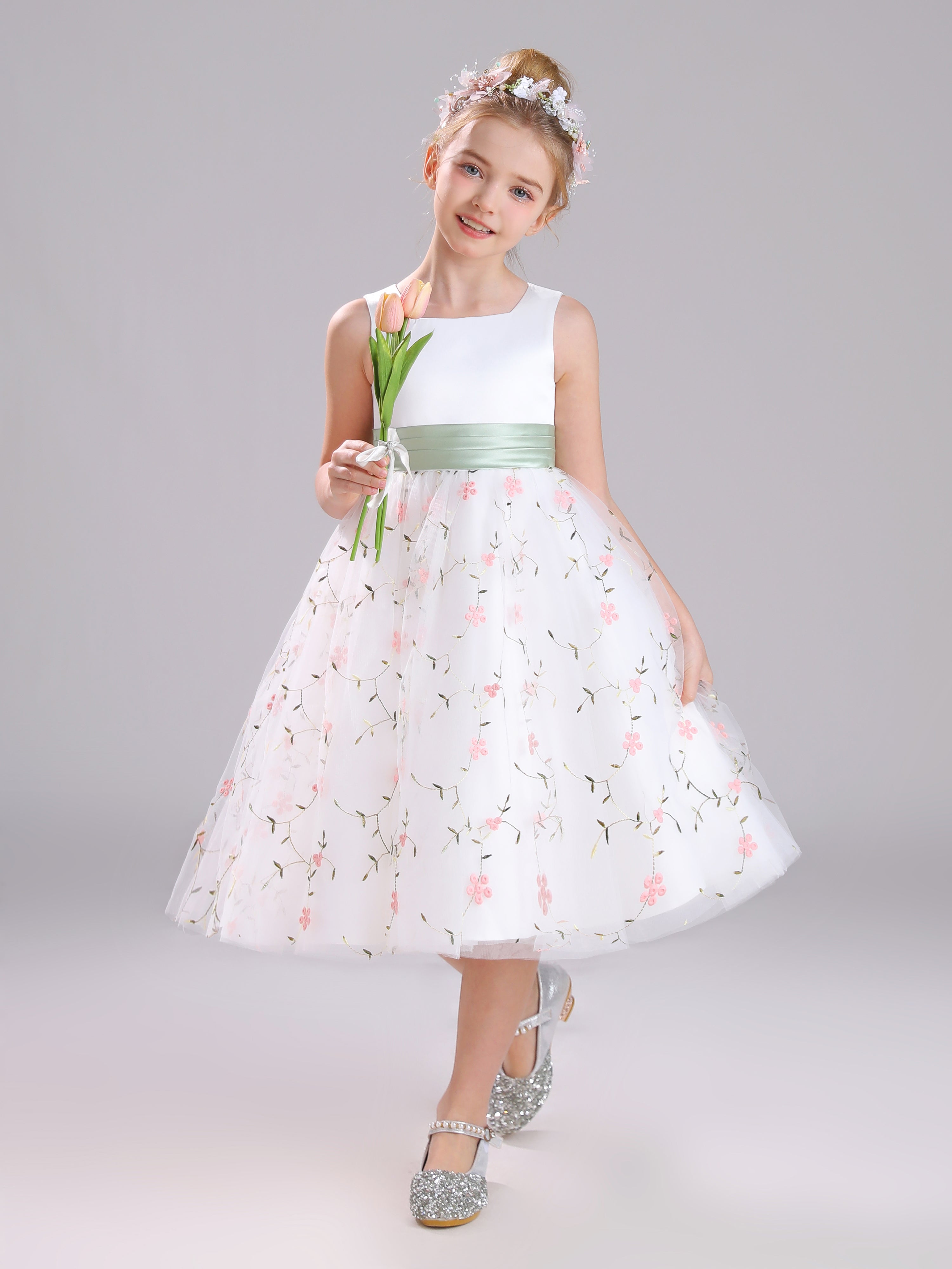 Douce Col Carré Satin&Tulle&Dentelle Courte Robe Fille