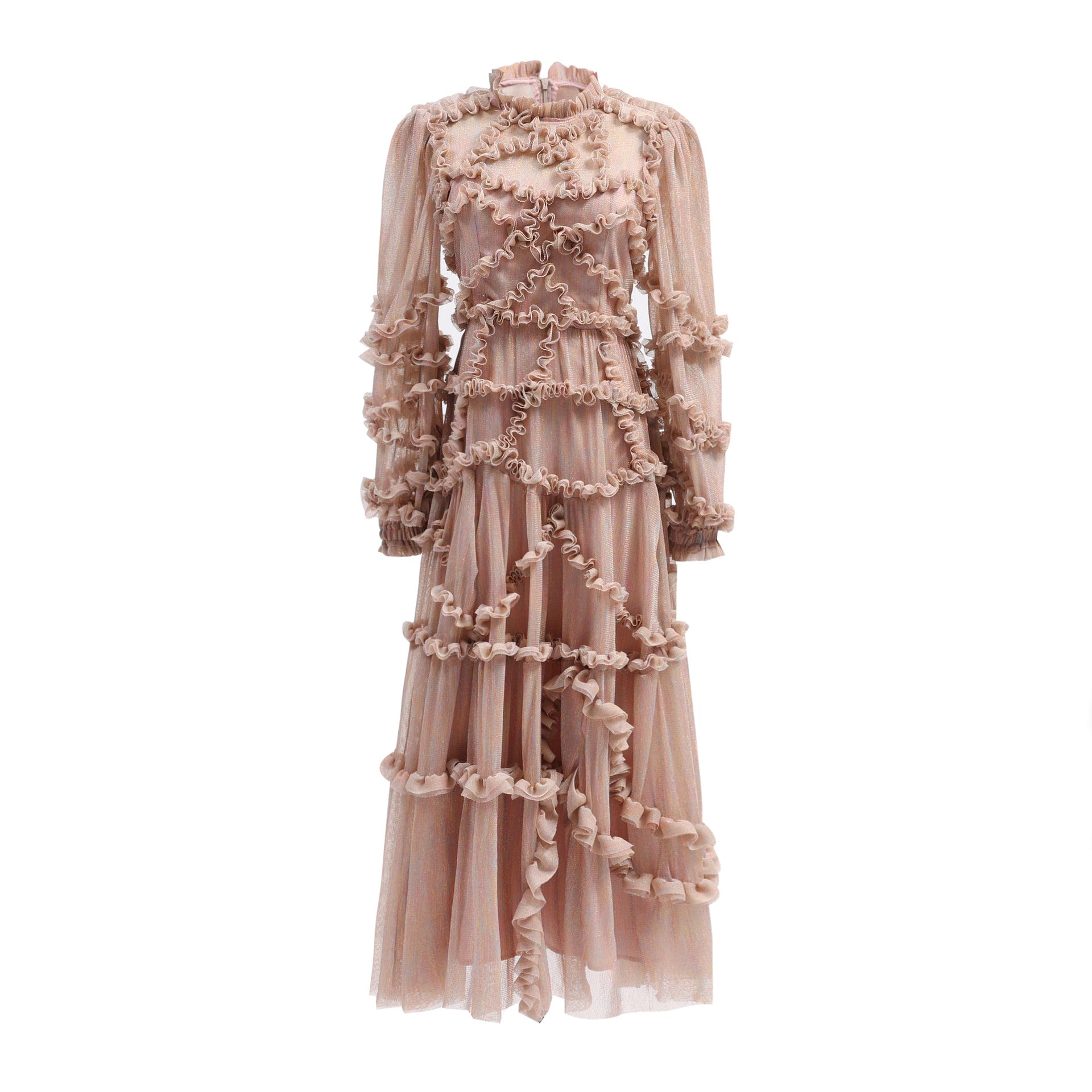 Robe Trapèze Empire Col Rond Manches Longues Robe de Soirée en Rose