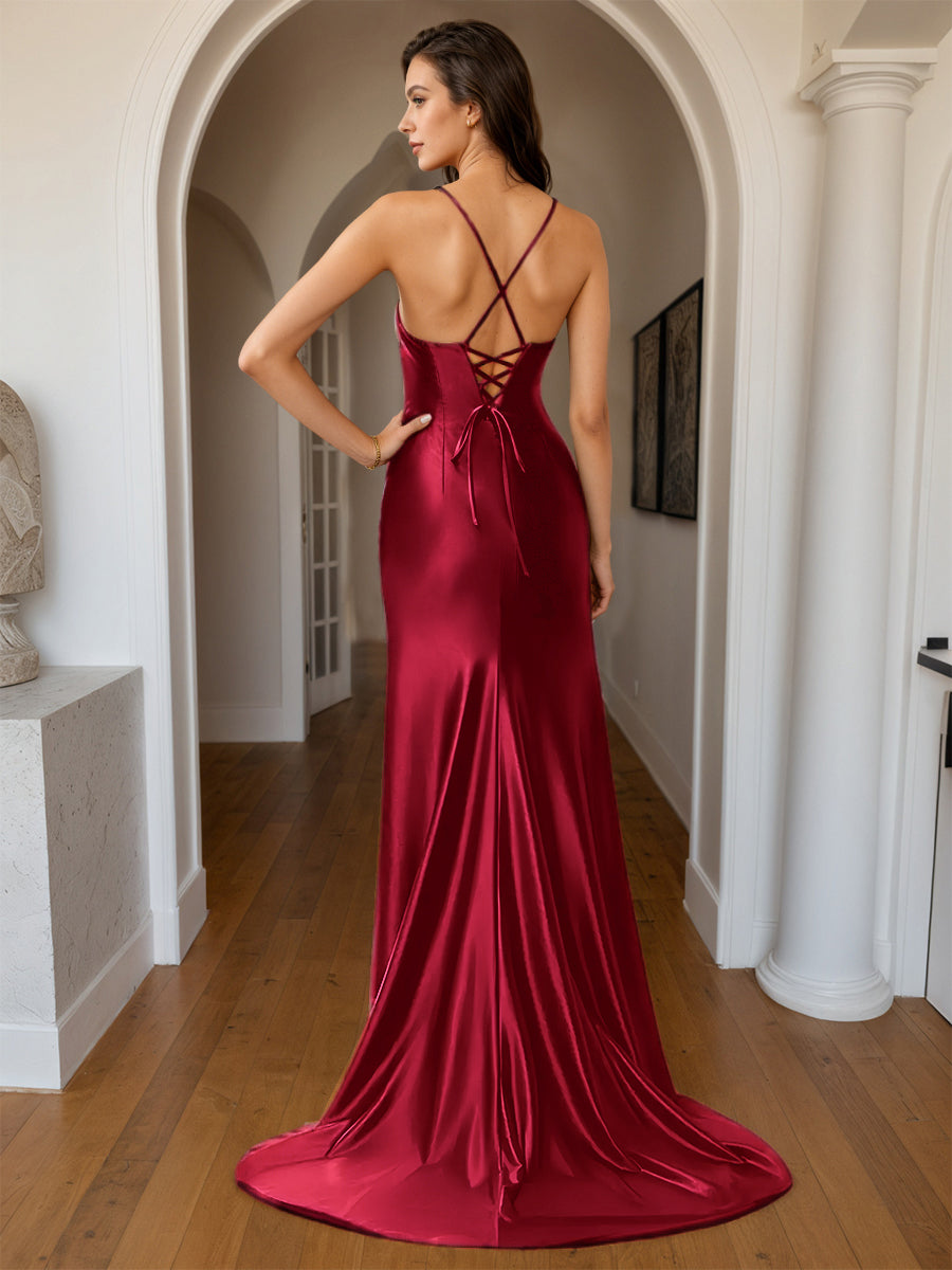 Cicinia Robe de Soirée BORDEAUX Longue Fourreau en Satin Doux à Bretelles Spaghetti Fente Dos Nud