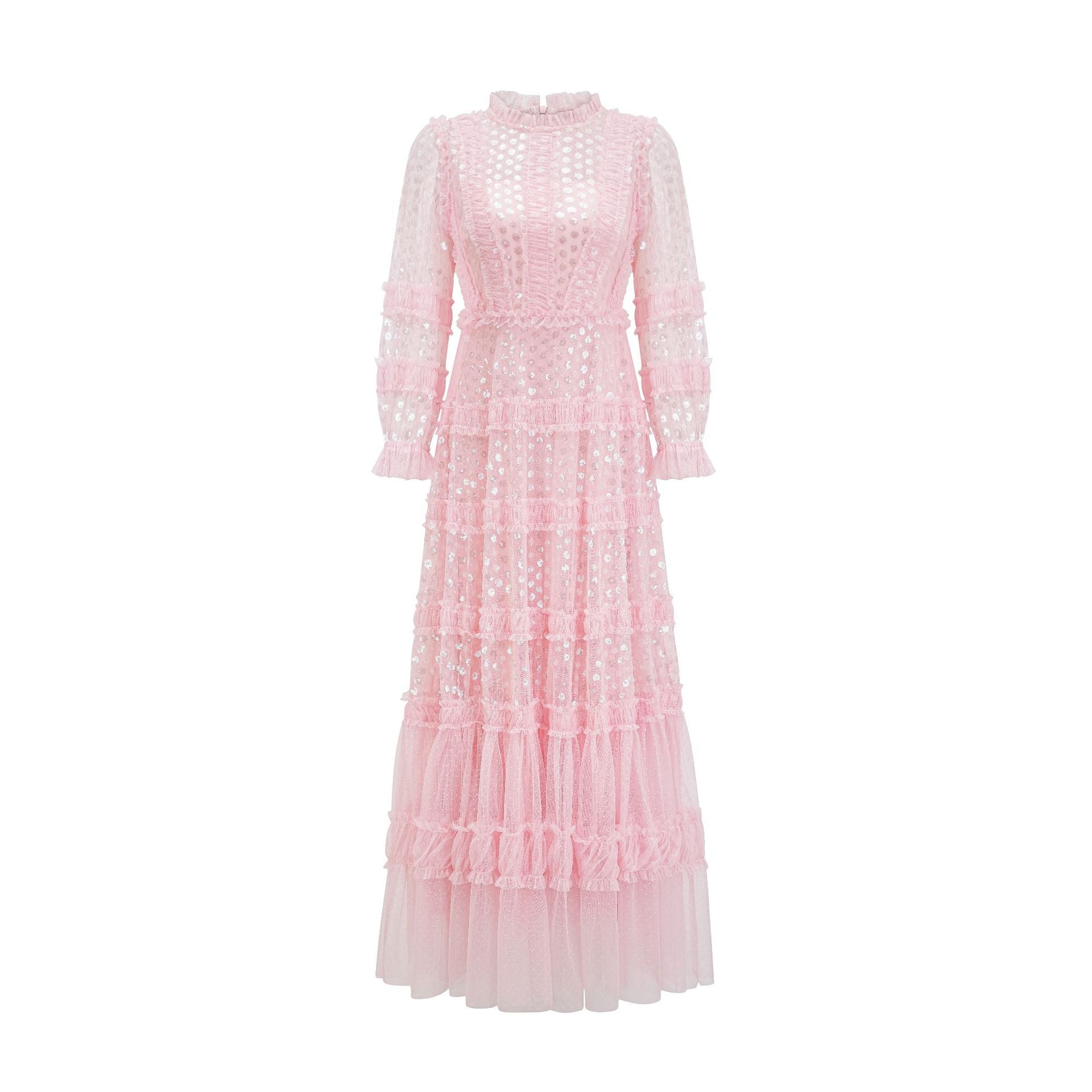 Robe Paillettes Trapèze Col Rond Manches Longues Robe de Soirée en Rose
