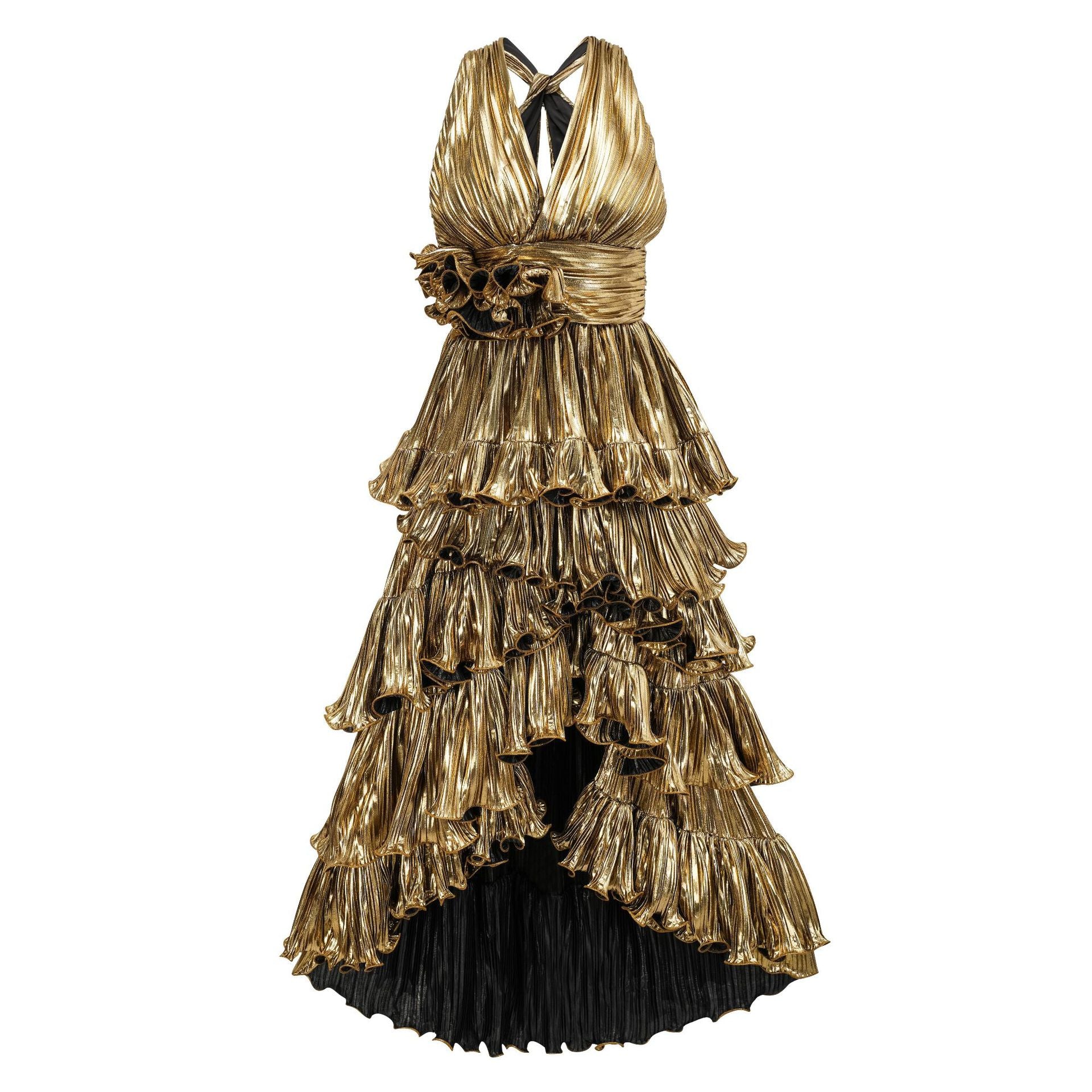 Robe Longue Asymétrique Col V Sans Manches Robe de Soirée en Or