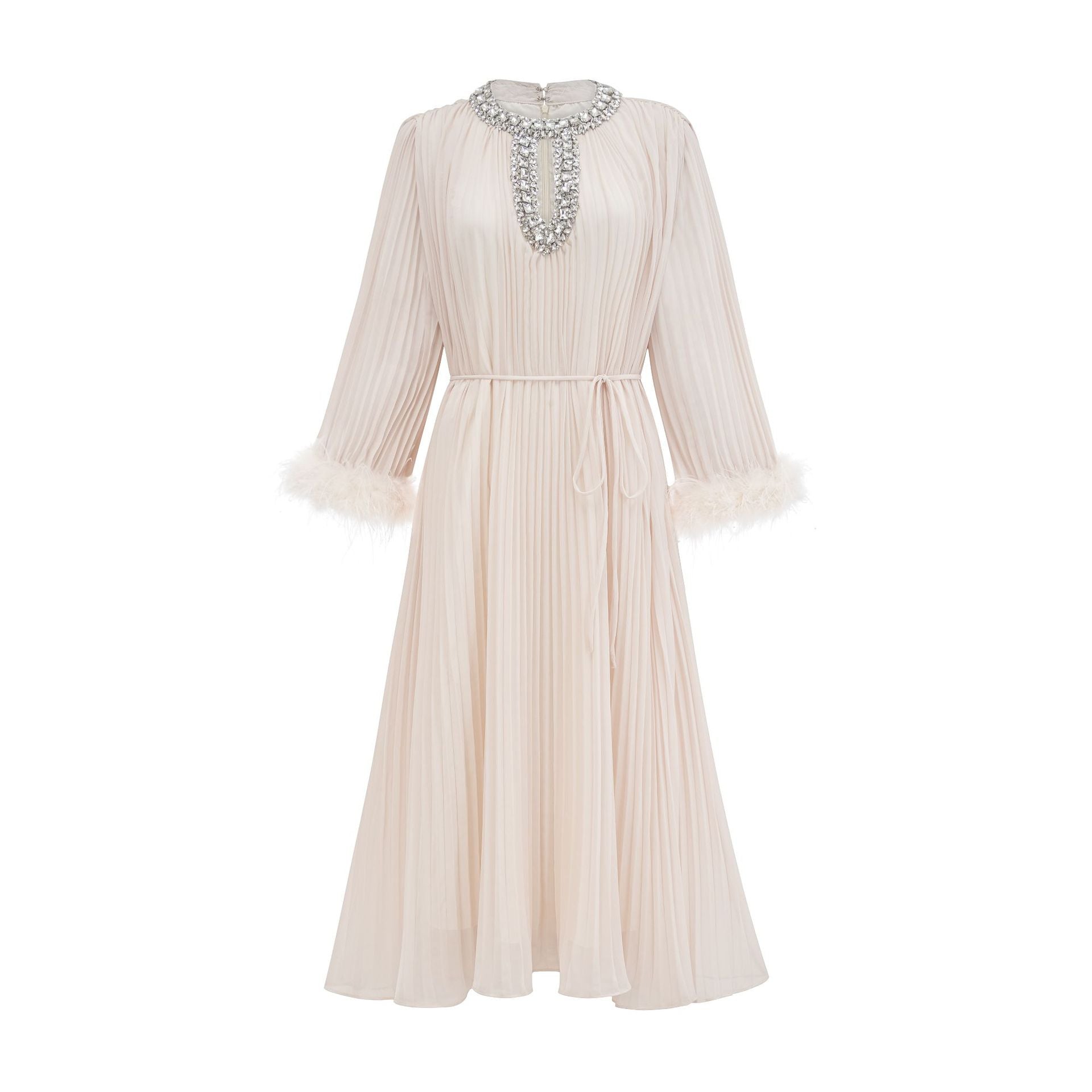 Robe Longue Col Rond Manches Longues Robe de Soirée en Abricot