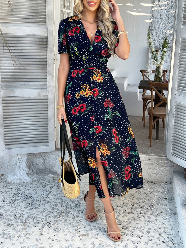 Robe de Mariée Invitée BLEU_MARINE Sexy en Mousseline Imprimé Florale à Manches Courtes