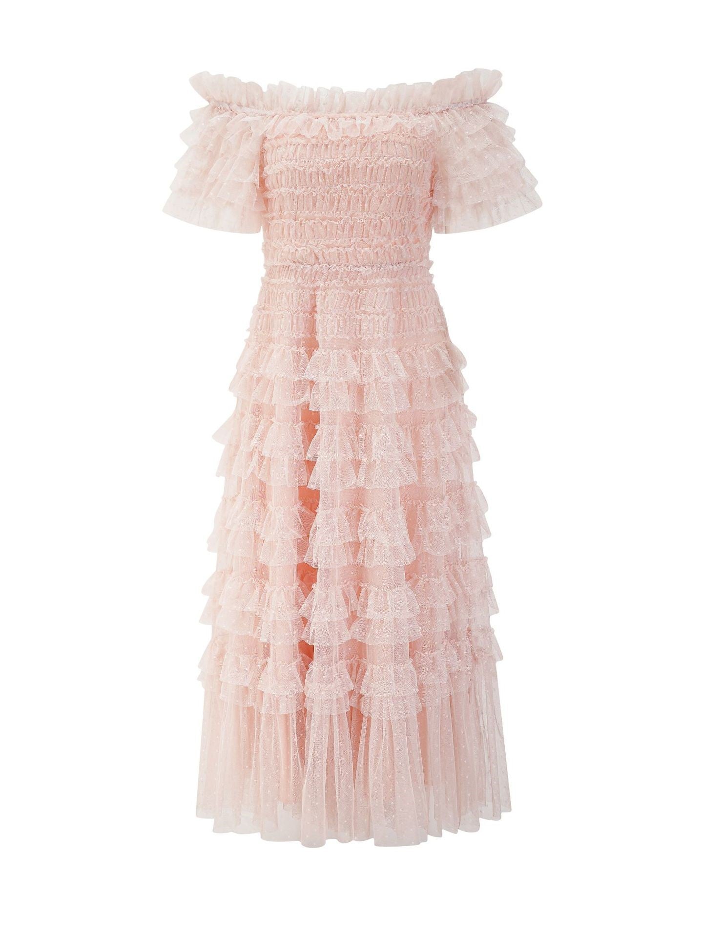 Robe Trapèze Épaule Dénudée Manches Courtes Robe de Soirée en Rose