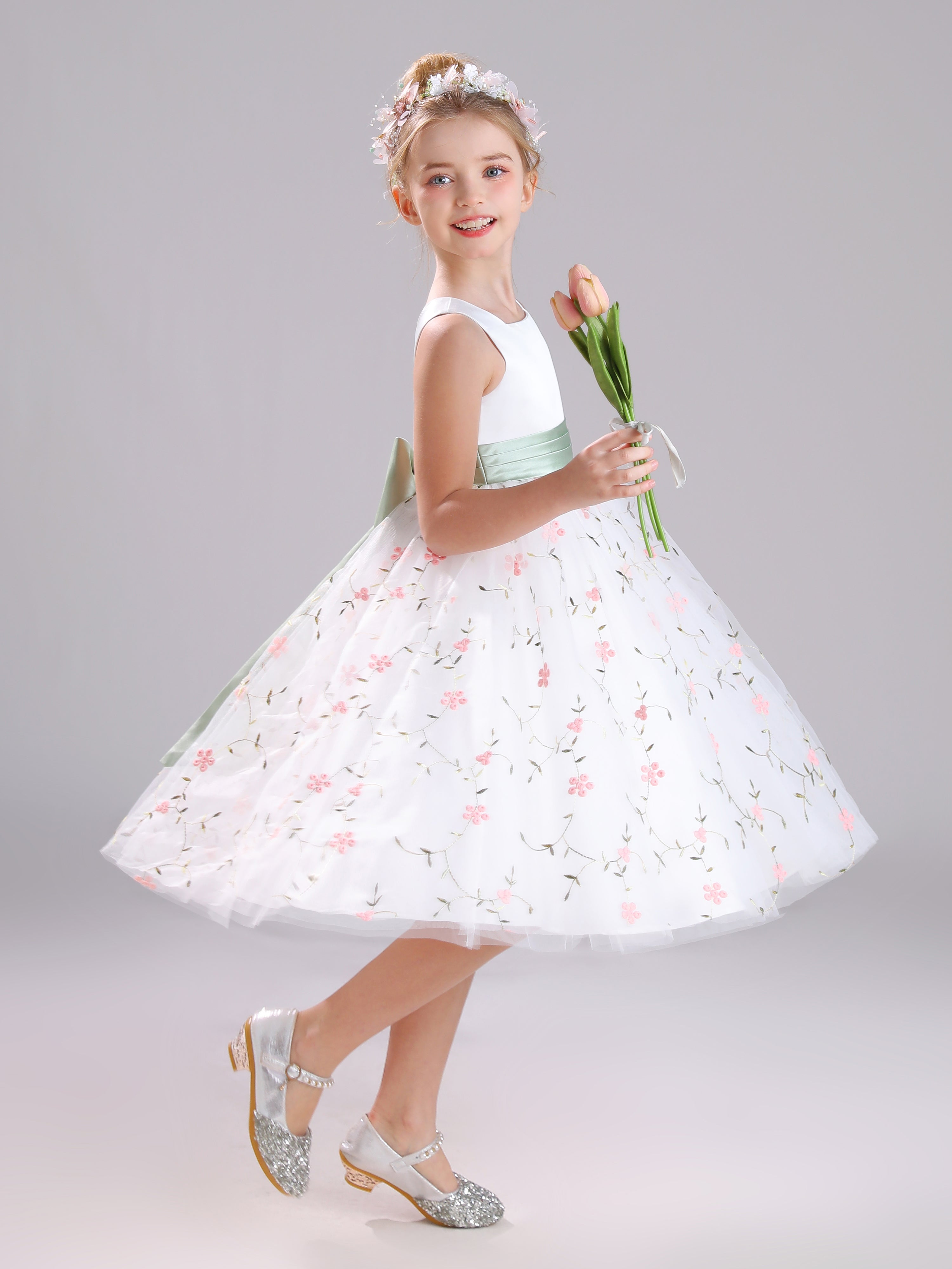 Douce Col Carré Satin&Tulle&Dentelle Courte Robe Fille